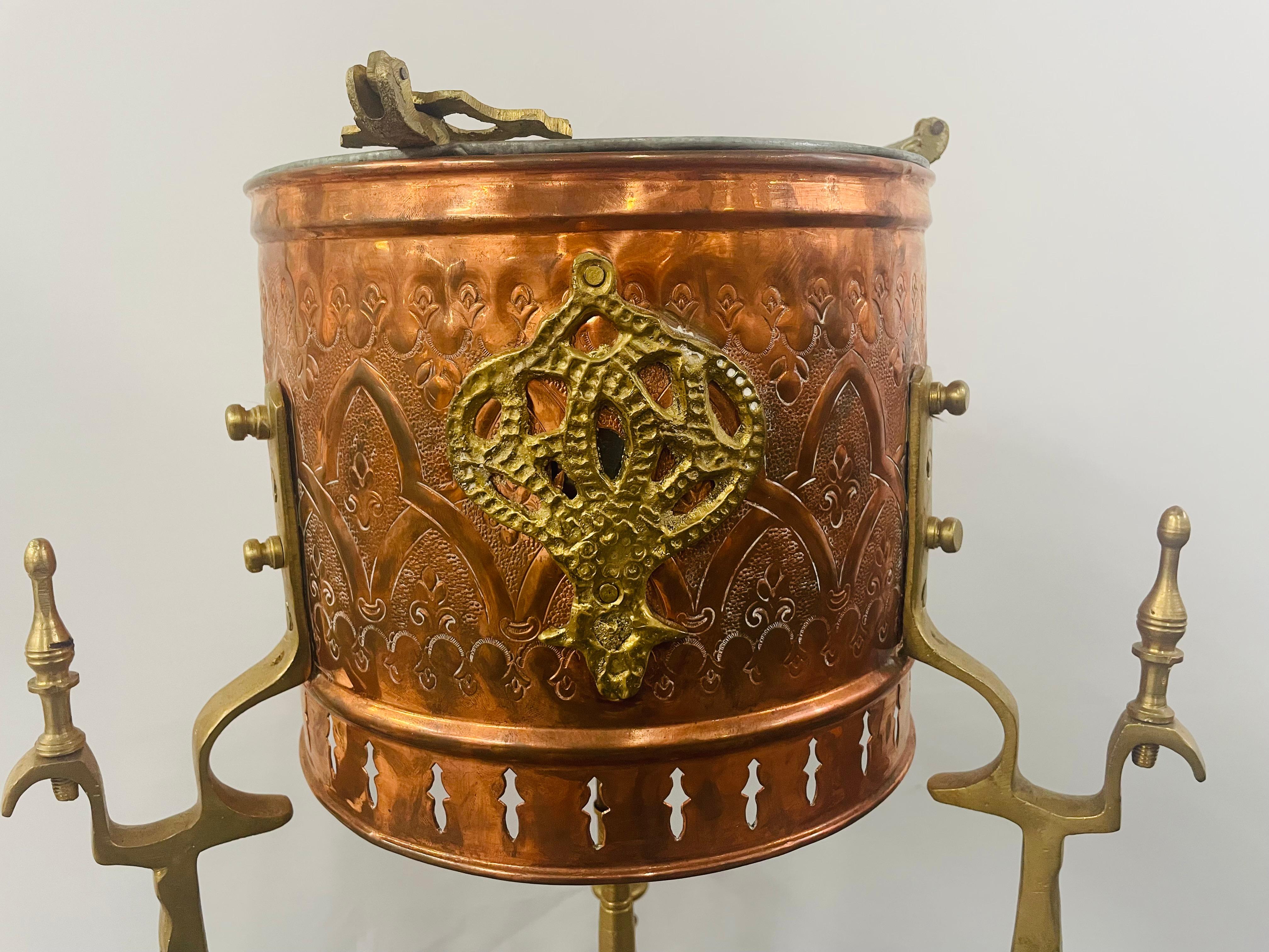 Mid-Century Moorish Brass and Copper Tea Pot on Kettle  For Sale 7