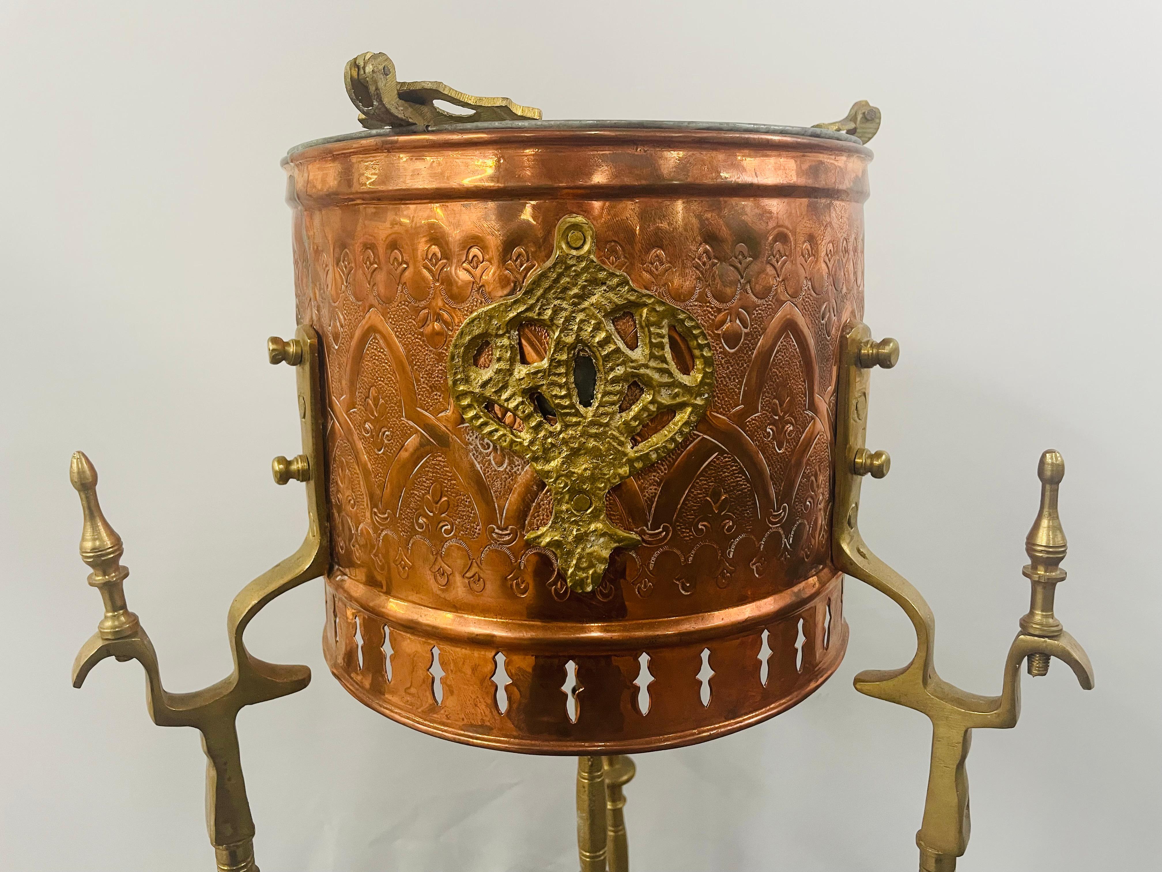 Mid-Century Moorish Brass and Copper Tea Pot on Kettle  For Sale 8