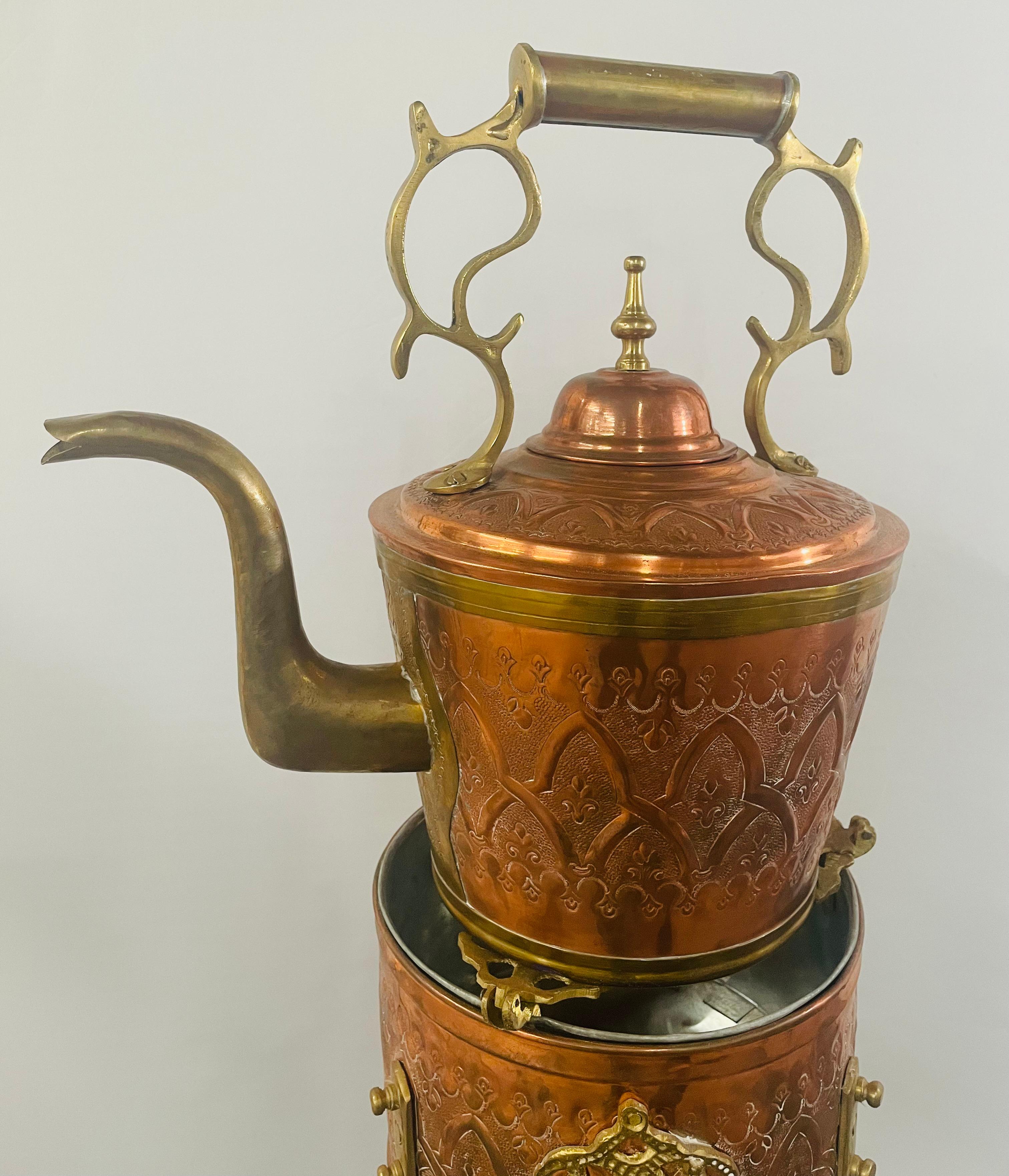 Moroccan Mid-Century Moorish Brass and Copper Tea Pot on Kettle  For Sale