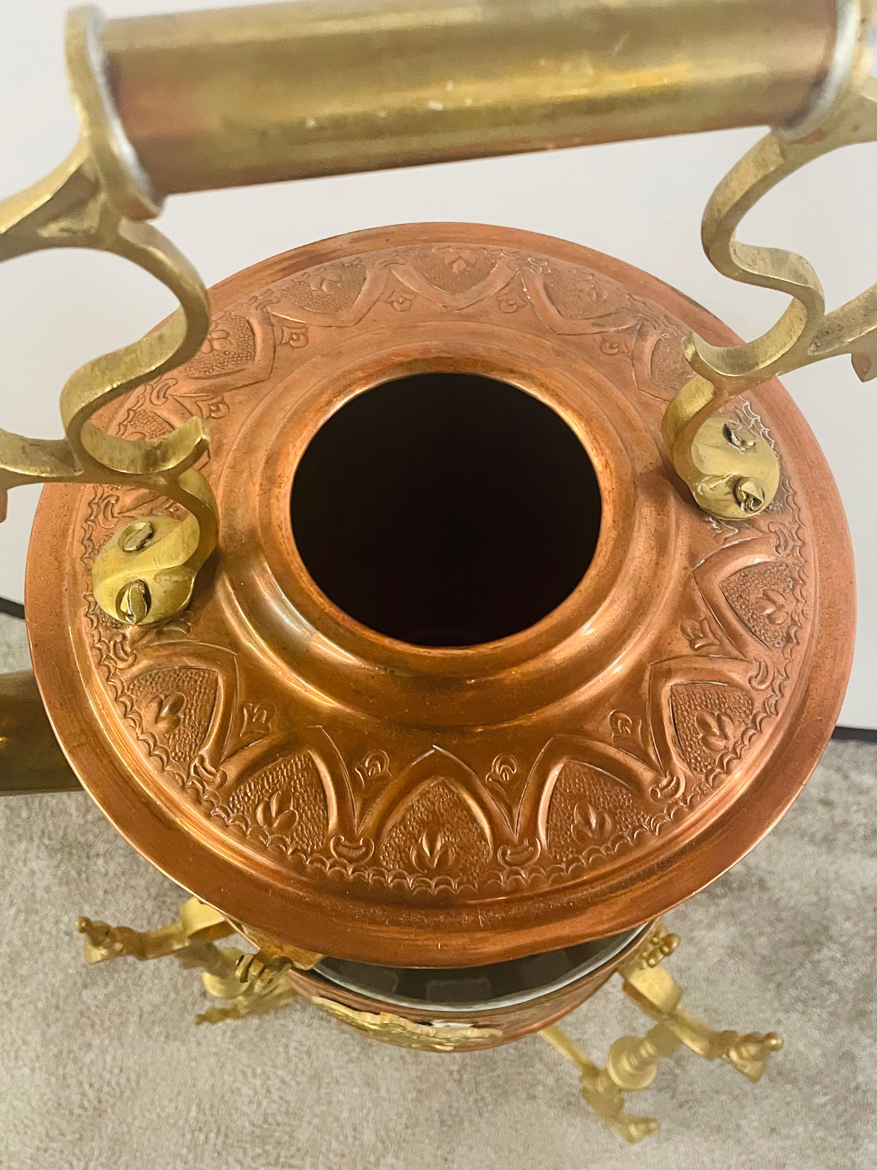 Mid-Century Moorish Brass and Copper Tea Pot on Kettle 1