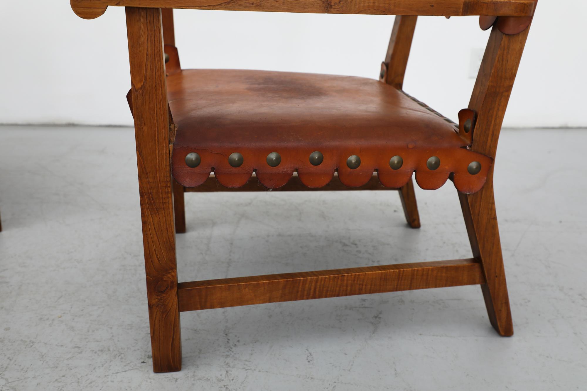 Mid-Century Oak Framed Moorish Style Spanish Brown Leather Lounge Chairs For Sale 7
