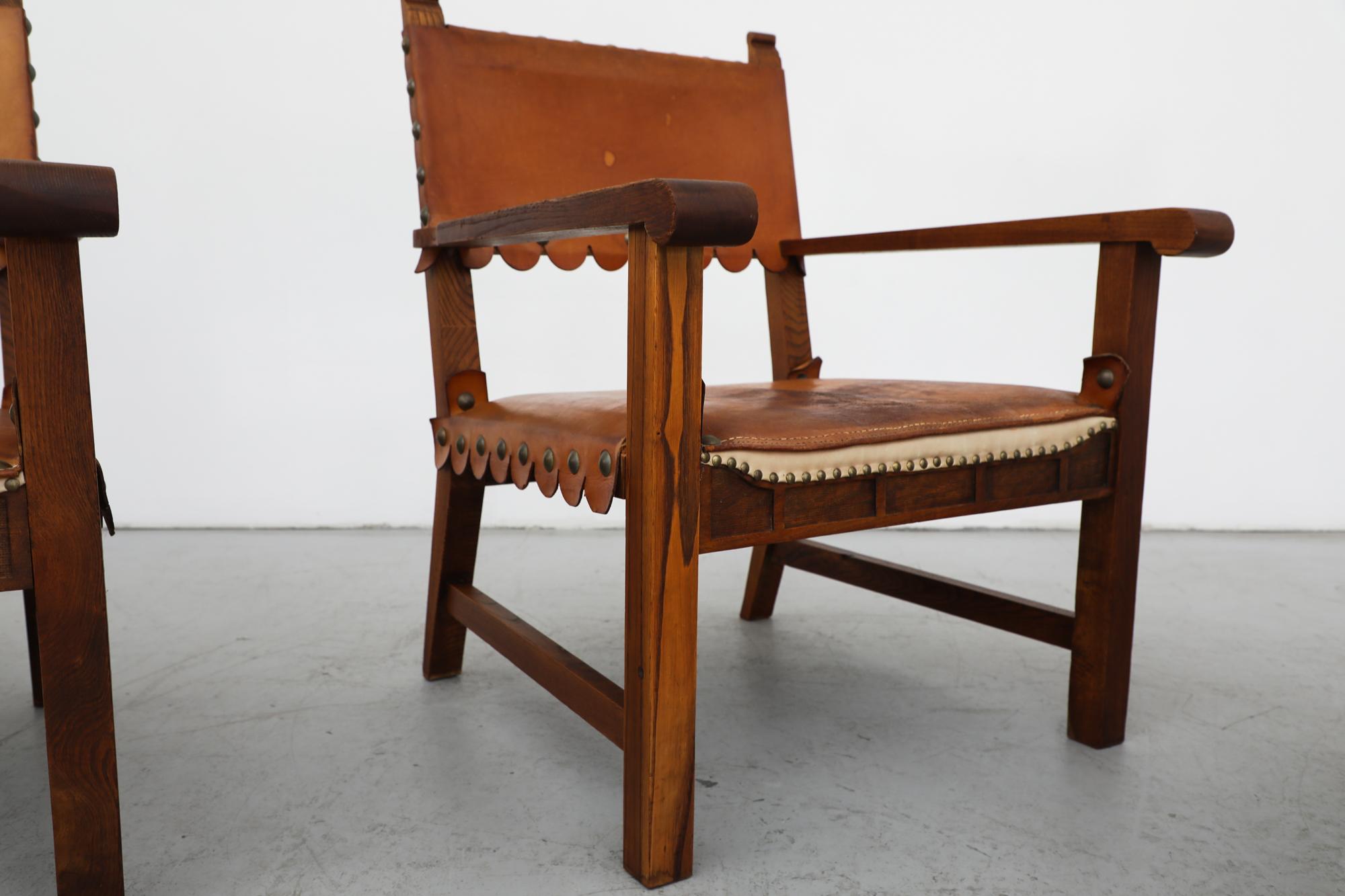 Mid-Century Oak Framed Moorish Style Spanish Brown Leather Lounge Chairs For Sale 13
