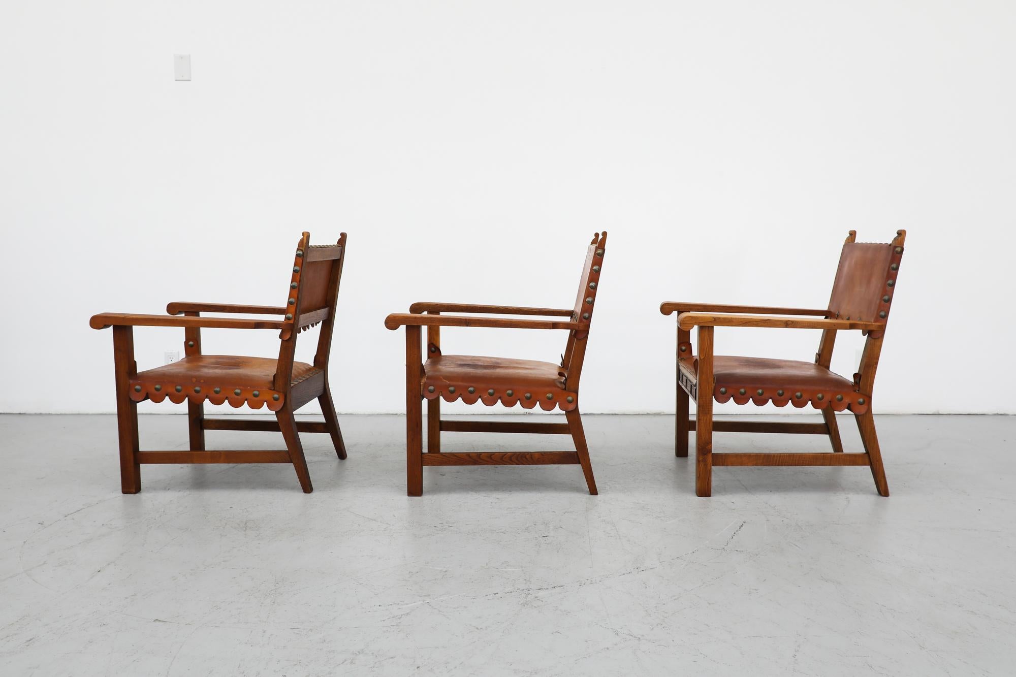 Mid-Century Modern Mid-Century Oak Framed Moorish Style Spanish Brown Leather Lounge Chairs For Sale
