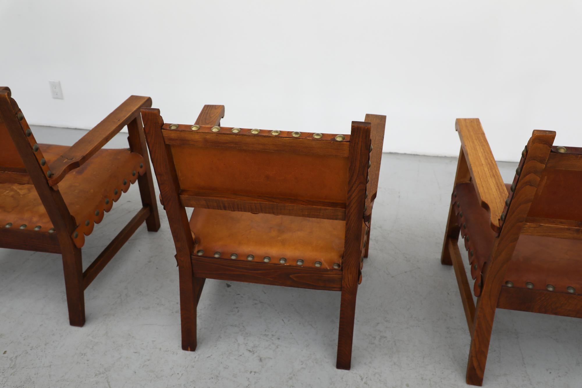 Mid-Century Oak Framed Moorish Style Spanish Brown Leather Lounge Chairs For Sale 1