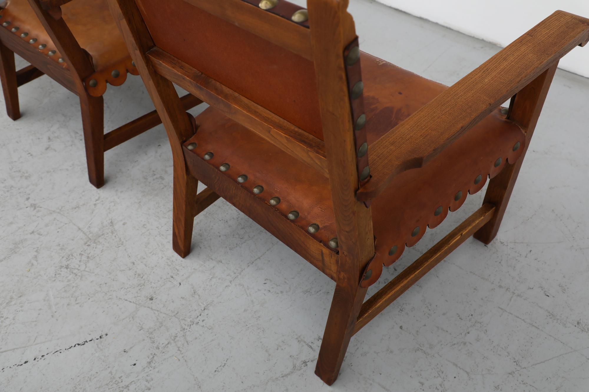 Mid-Century Oak Framed Moorish Style Spanish Brown Leather Lounge Chairs For Sale 2