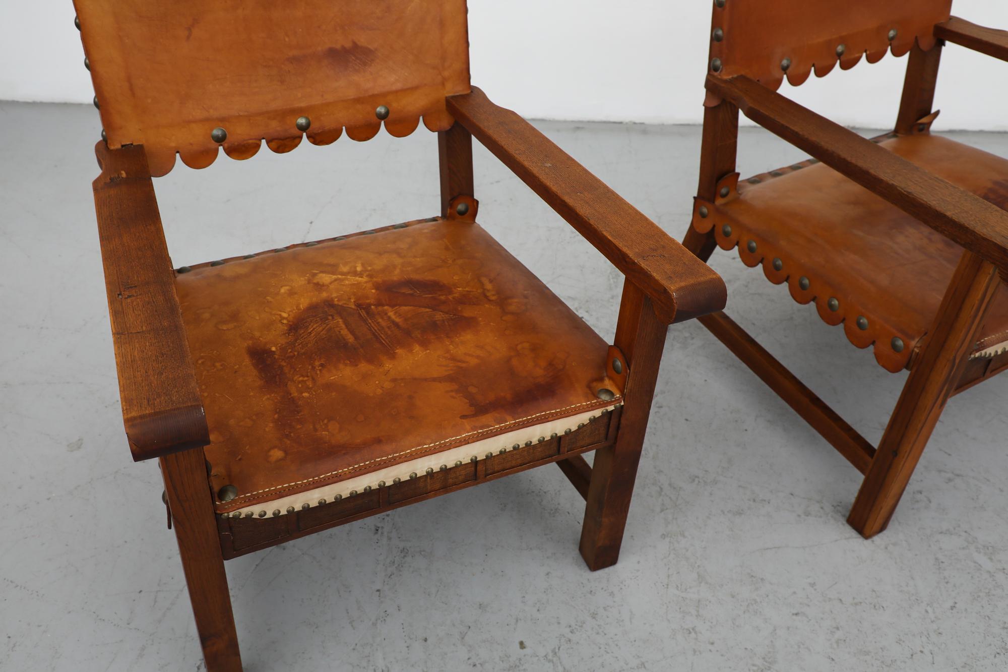 Mid-Century Oak Framed Moorish Style Spanish Brown Leather Lounge Chairs For Sale 3
