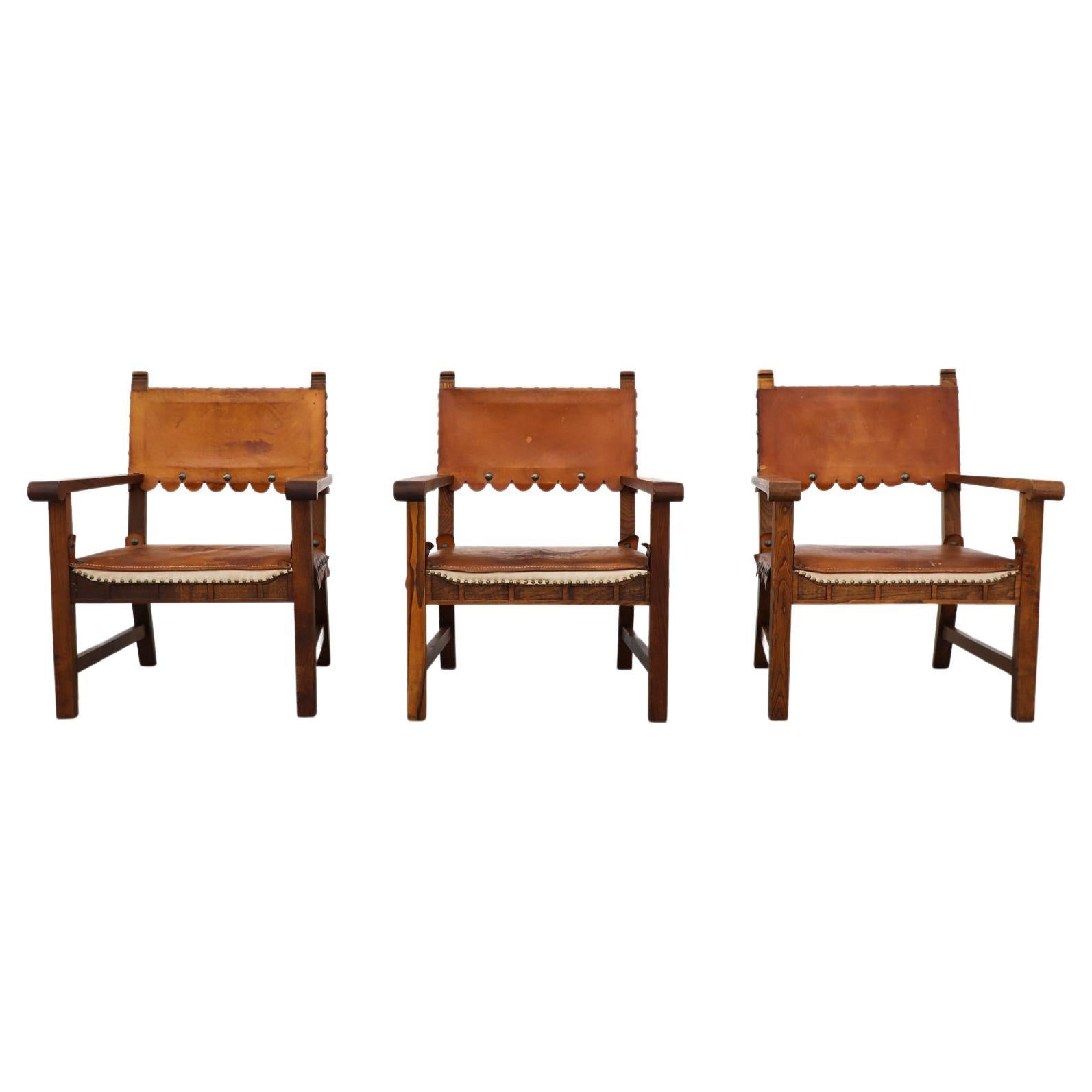 Mid-Century Oak Framed Moorish Style Spanish Brown Leather Lounge Chairs For Sale