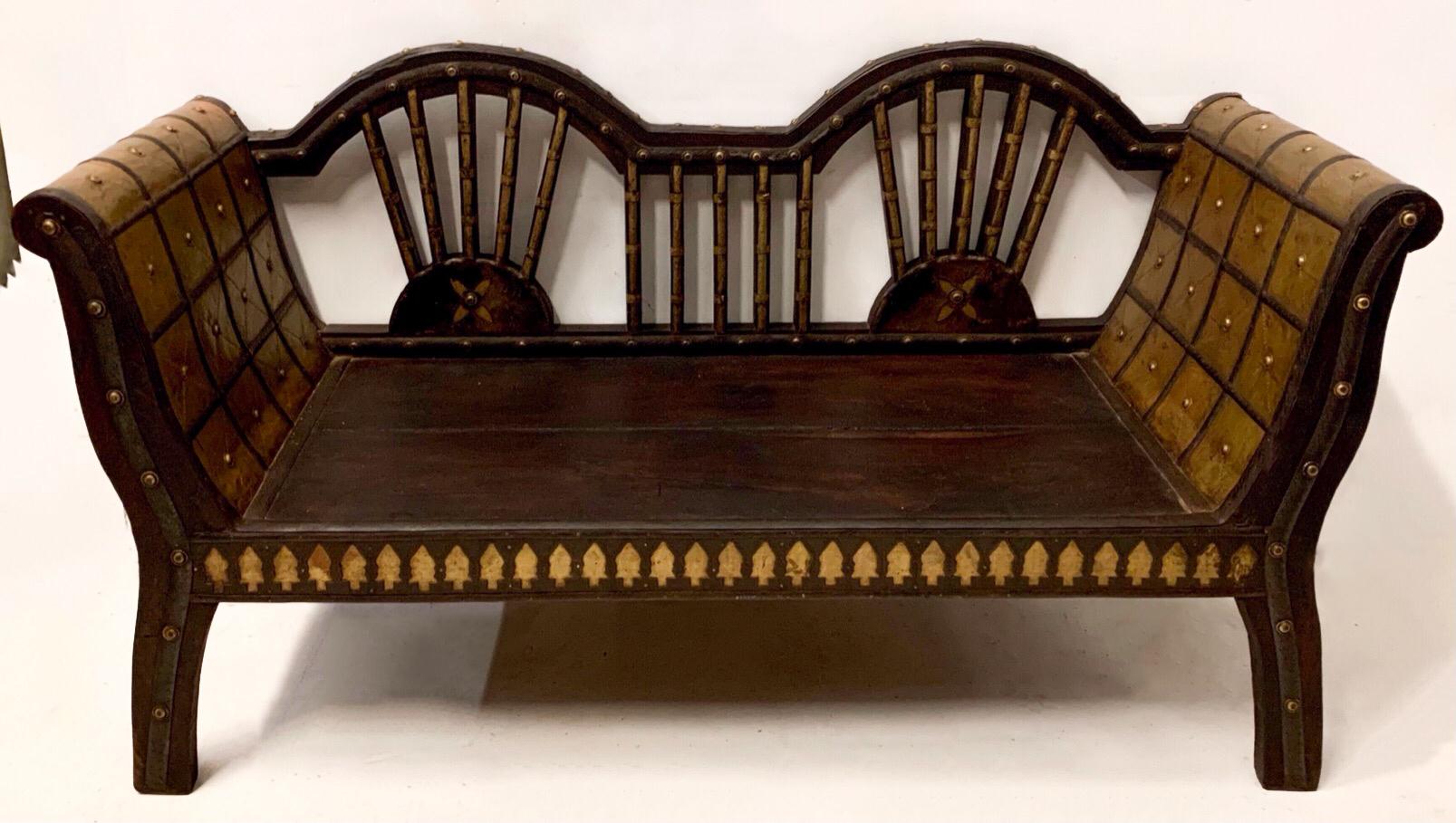 Mid-Century Moroccan Exotic Wood Bench Inlaid with Brass In Good Condition For Sale In Kennesaw, GA