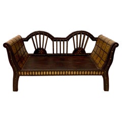Mid-Century Moroccan Exotic Wood Bench Inlaid with Brass