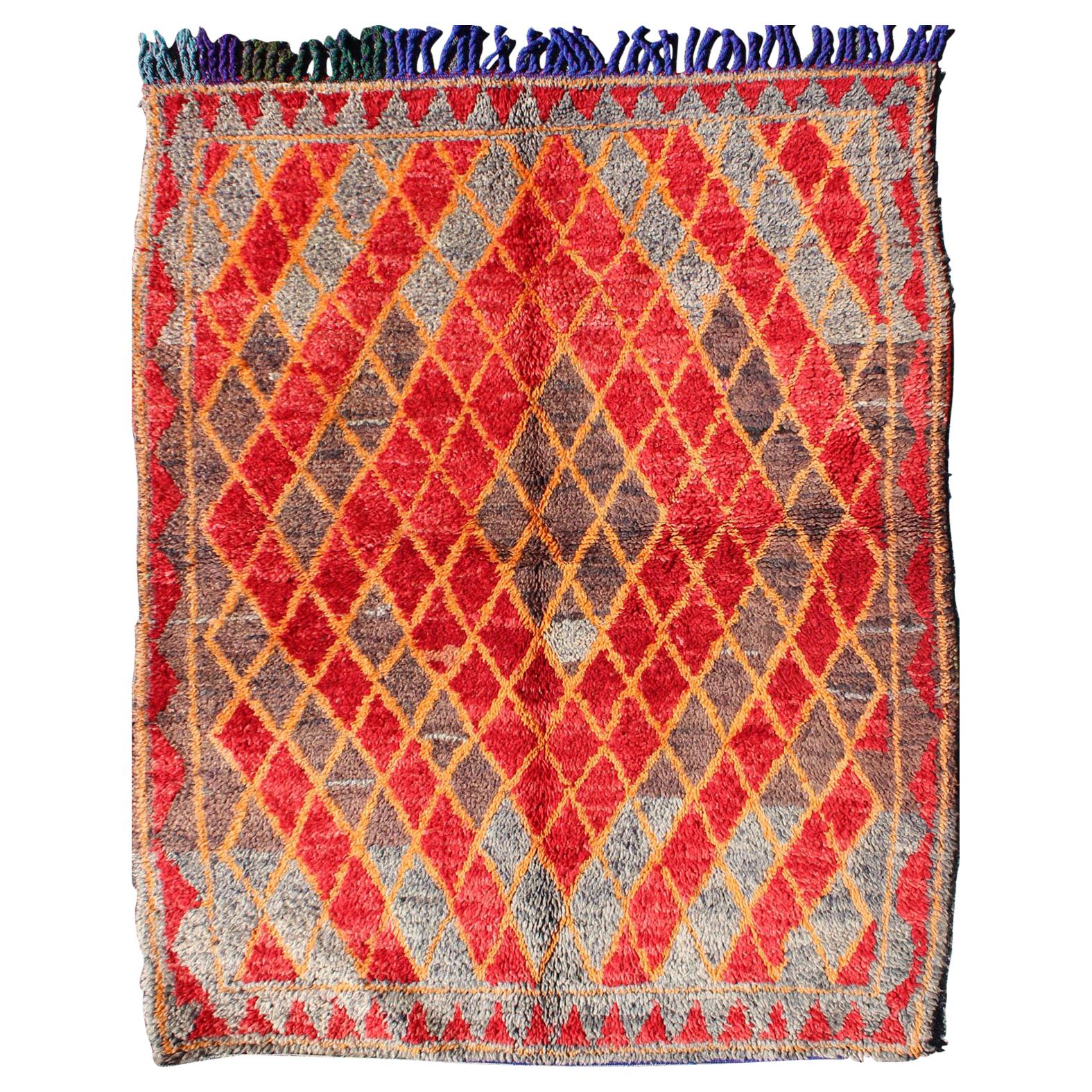 Midcentury Moroccan Rug with Orange, Red, Brown Diamonds and Blue Fringe Detail