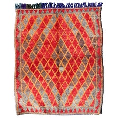 Midcentury Moroccan Rug with Orange, Red, Brown Diamonds and Blue Fringe Detail