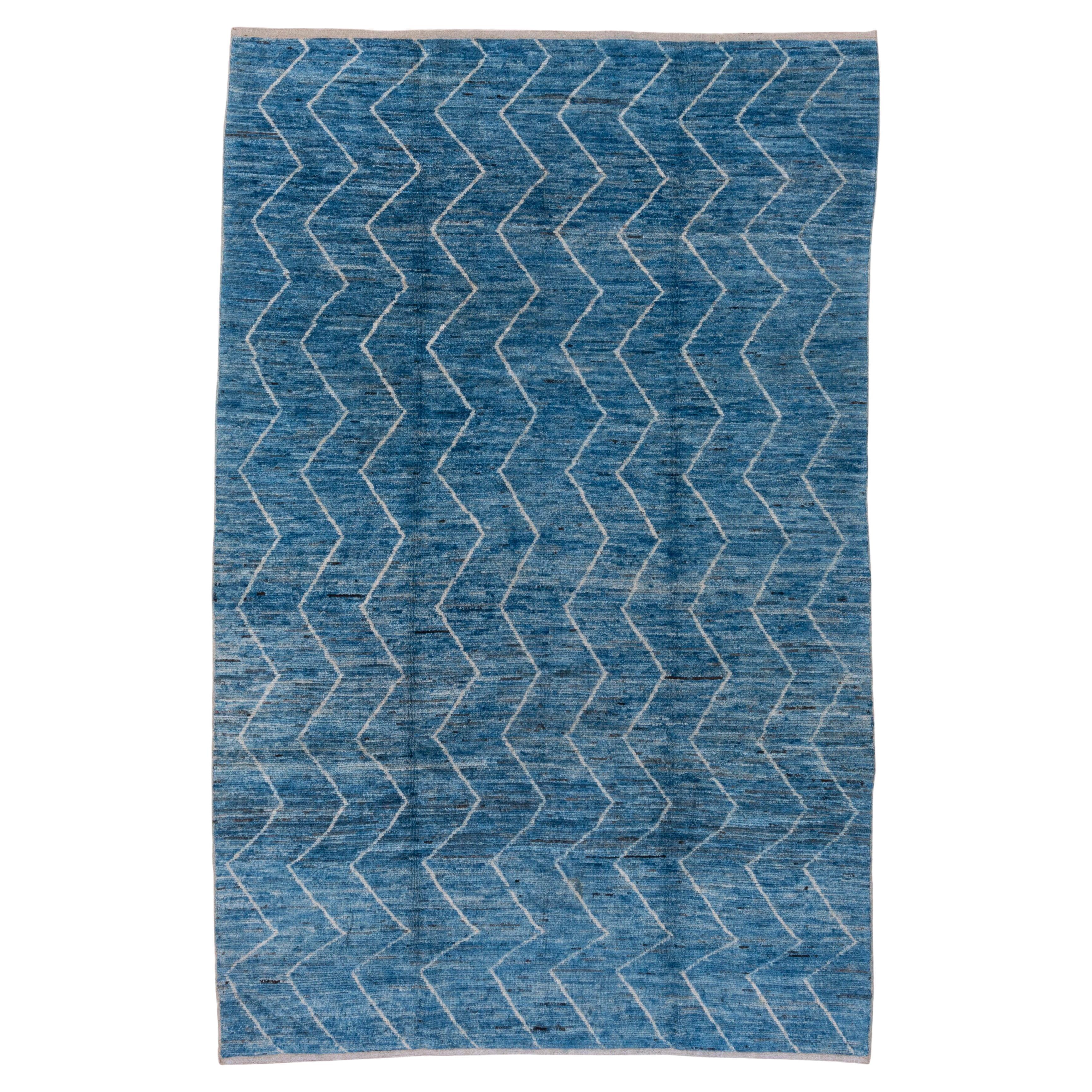 Mid Century Moroccan Rug with Sky Blue Zigzags