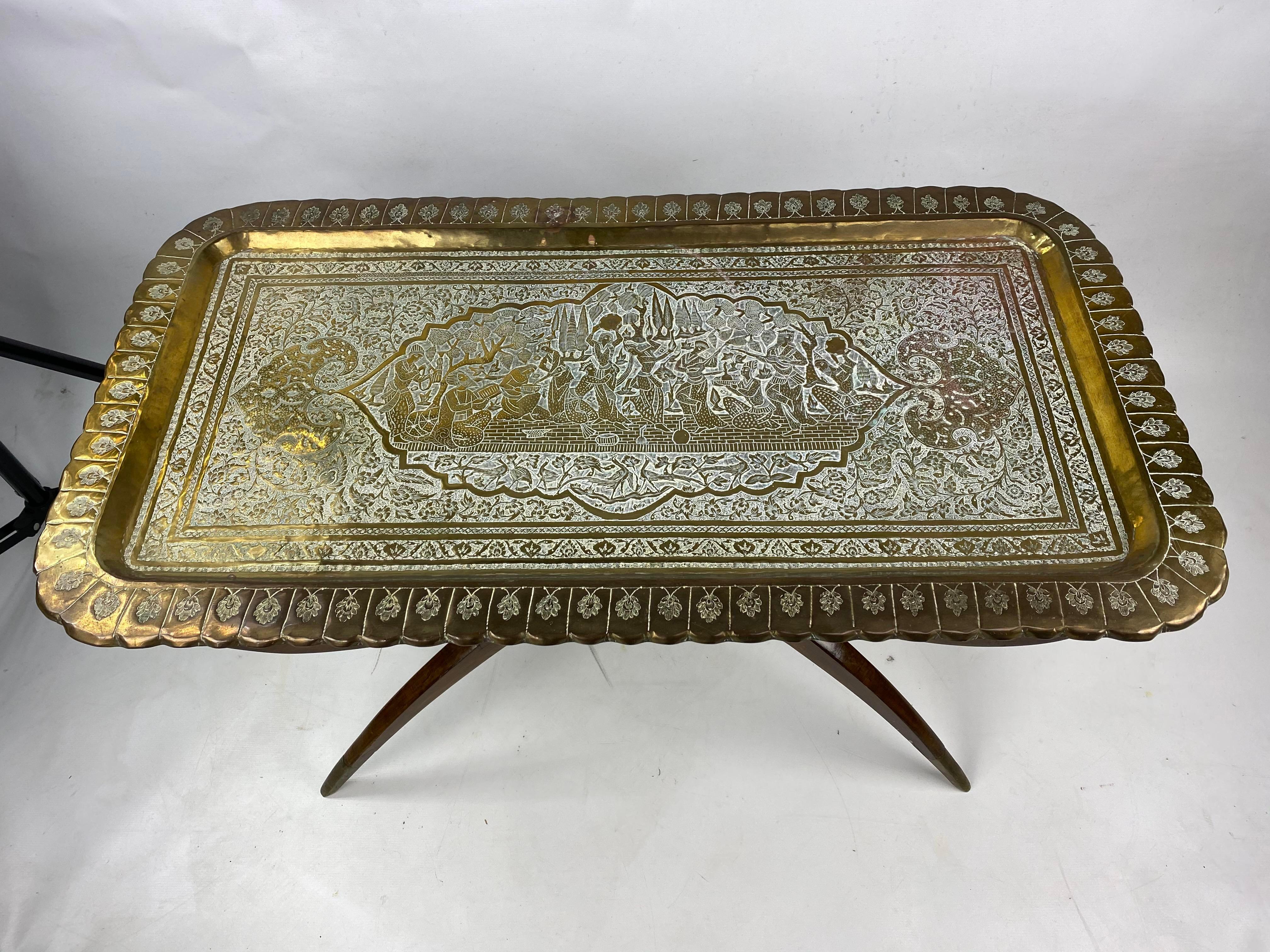 Mid-Century Moroccan style etched brass tray coffee table.
