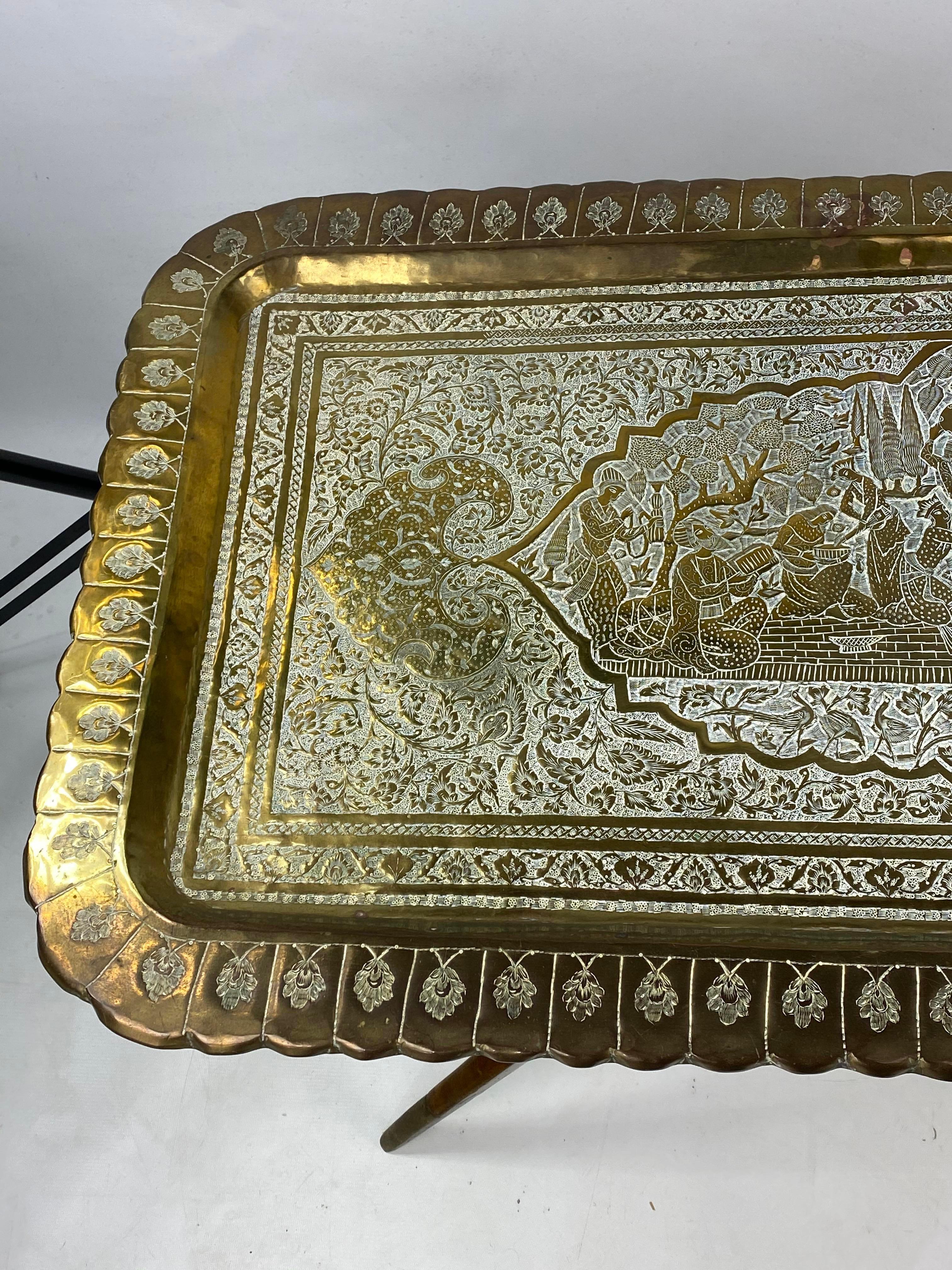 Mid-Century Modern Mid-Century Moroccan Style Etched Brass Tray Coffee Table