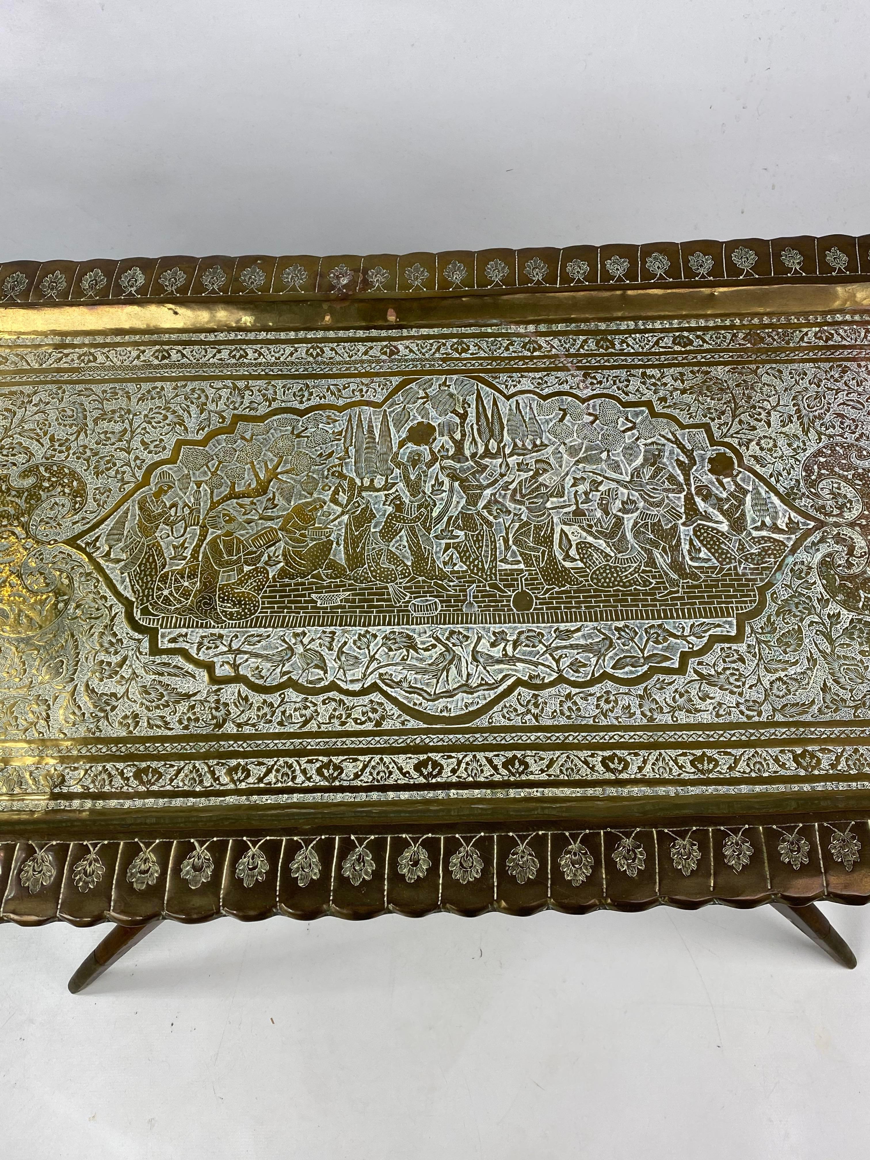 Unknown Mid-Century Moroccan Style Etched Brass Tray Coffee Table