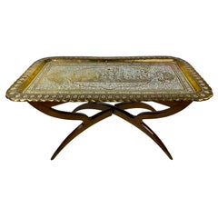 Mid-Century Moroccan Style Etched Brass Tray Coffee Table