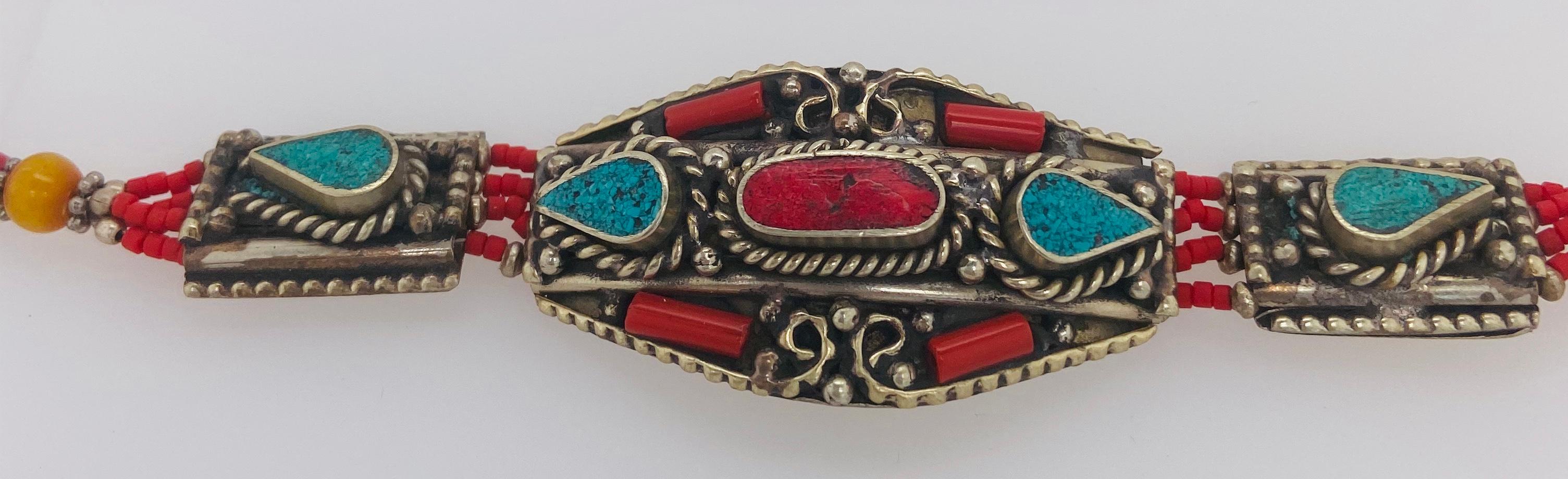 Midcentury Moroccan Tribal Silver Bracelet with Turquoise and Red Stones For Sale 6