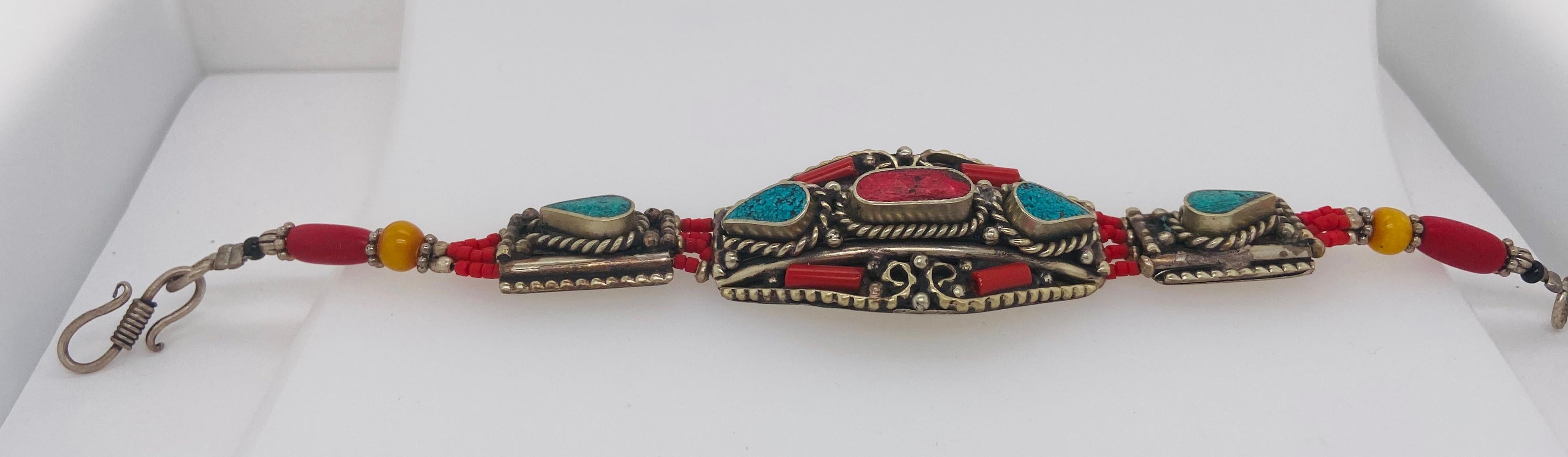 Midcentury Moroccan Tribal Silver Bracelet with Turquoise and Red Stones For Sale 7