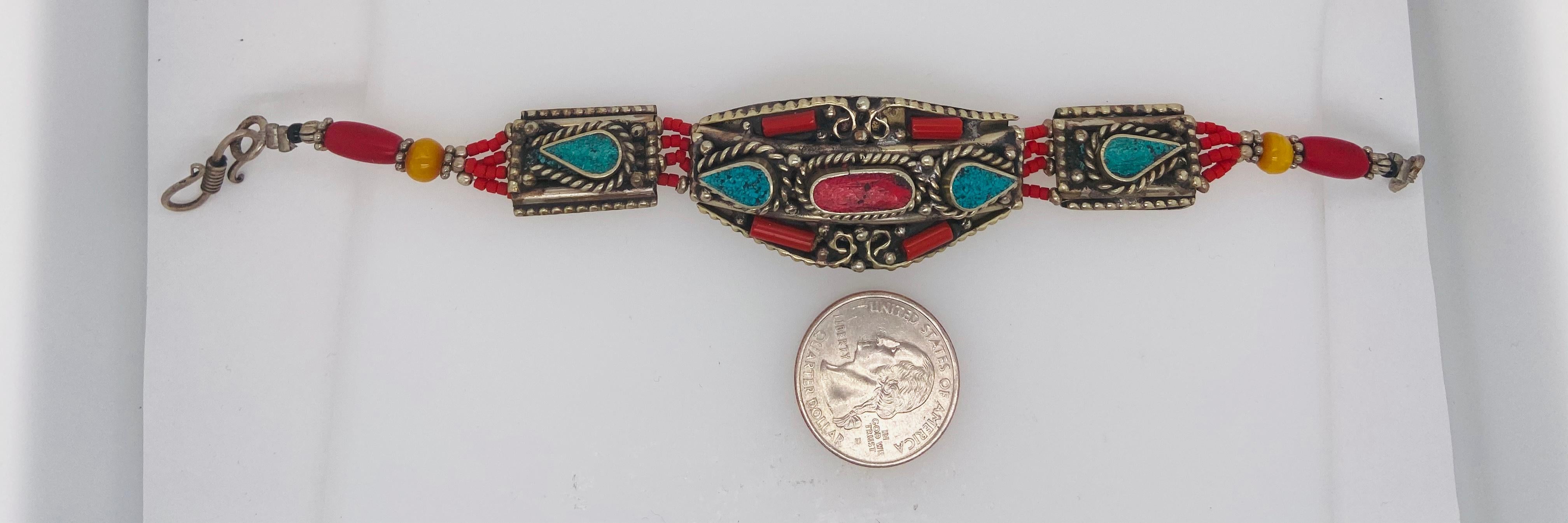 Midcentury Moroccan Tribal Silver Bracelet with Turquoise and Red Stones For Sale 8