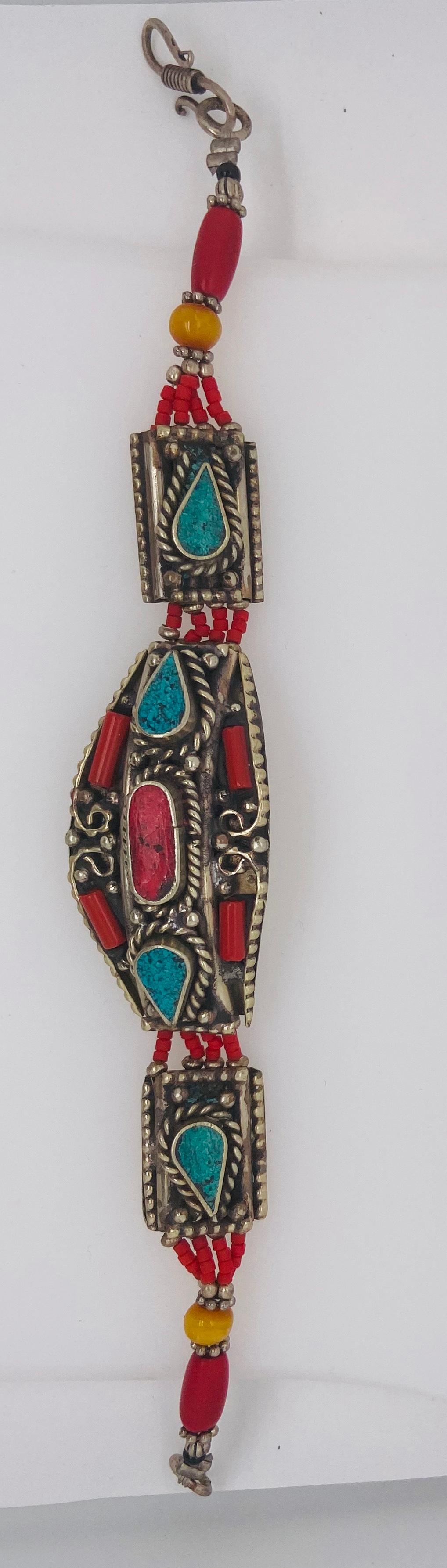 Midcentury Moroccan Tribal Silver Bracelet with Turquoise and Red Stones For Sale 9