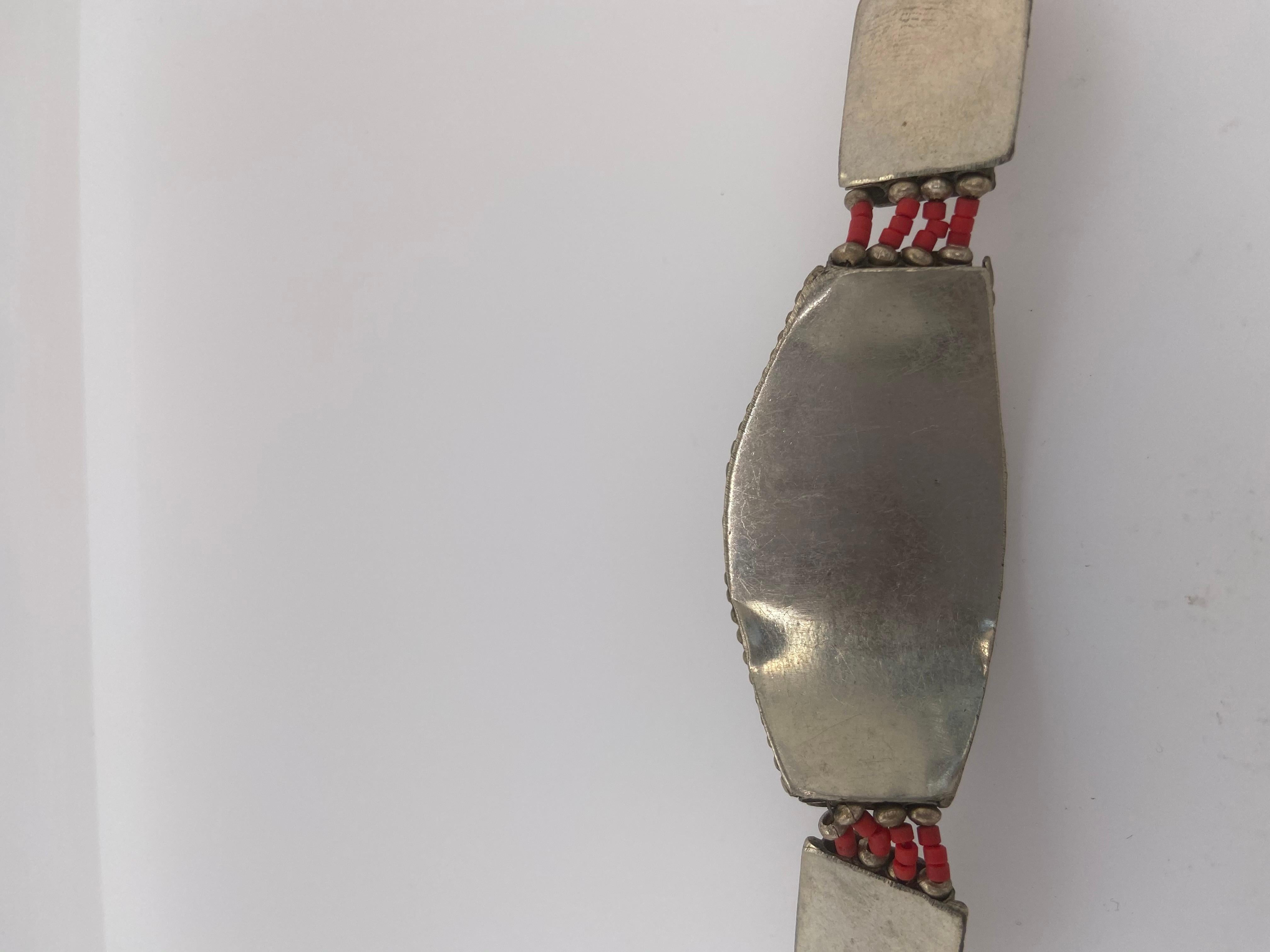 Midcentury Moroccan Tribal Silver Bracelet with Turquoise and Red Stones In Good Condition For Sale In Plainview, NY
