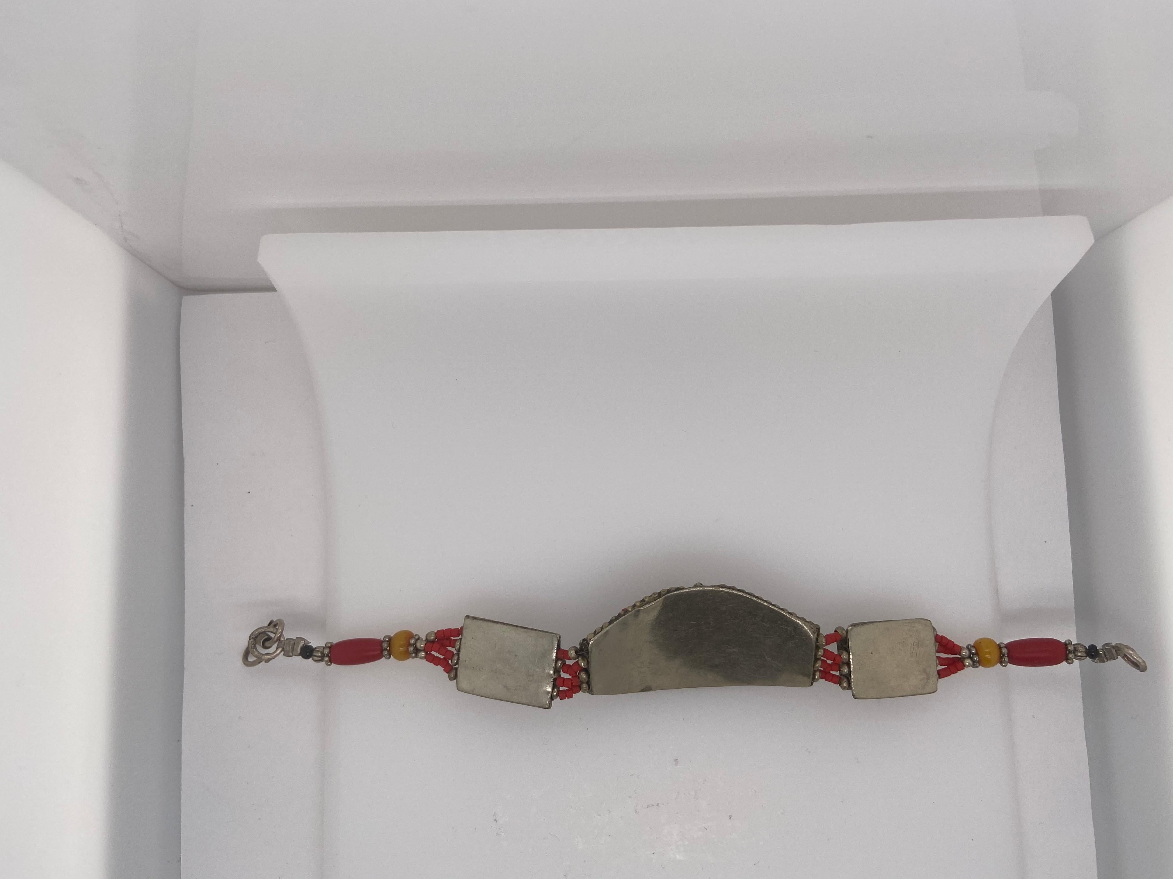 20th Century Midcentury Moroccan Tribal Silver Bracelet with Turquoise and Red Stones For Sale