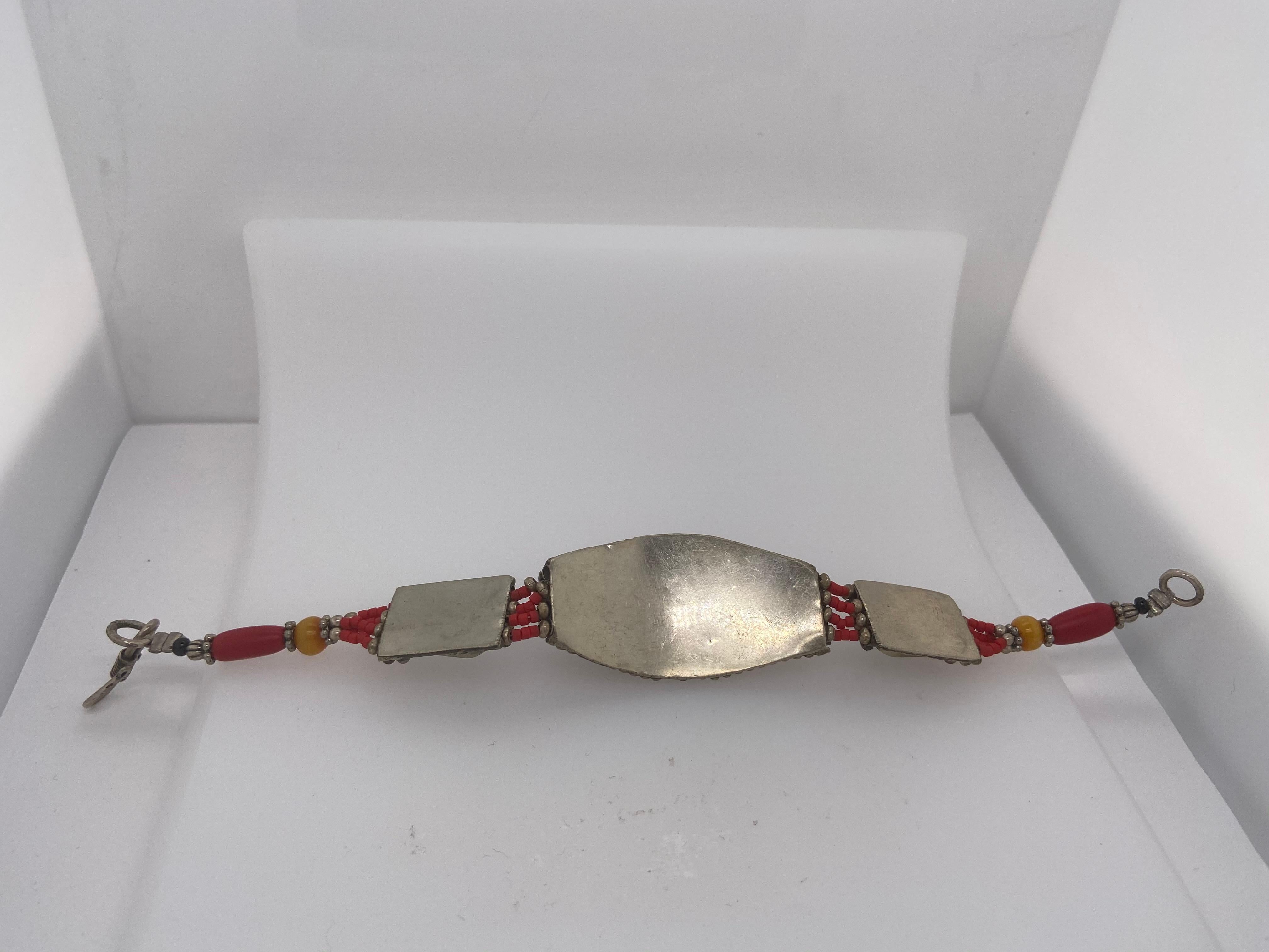 Midcentury Moroccan Tribal Silver Bracelet with Turquoise and Red Stones For Sale 1