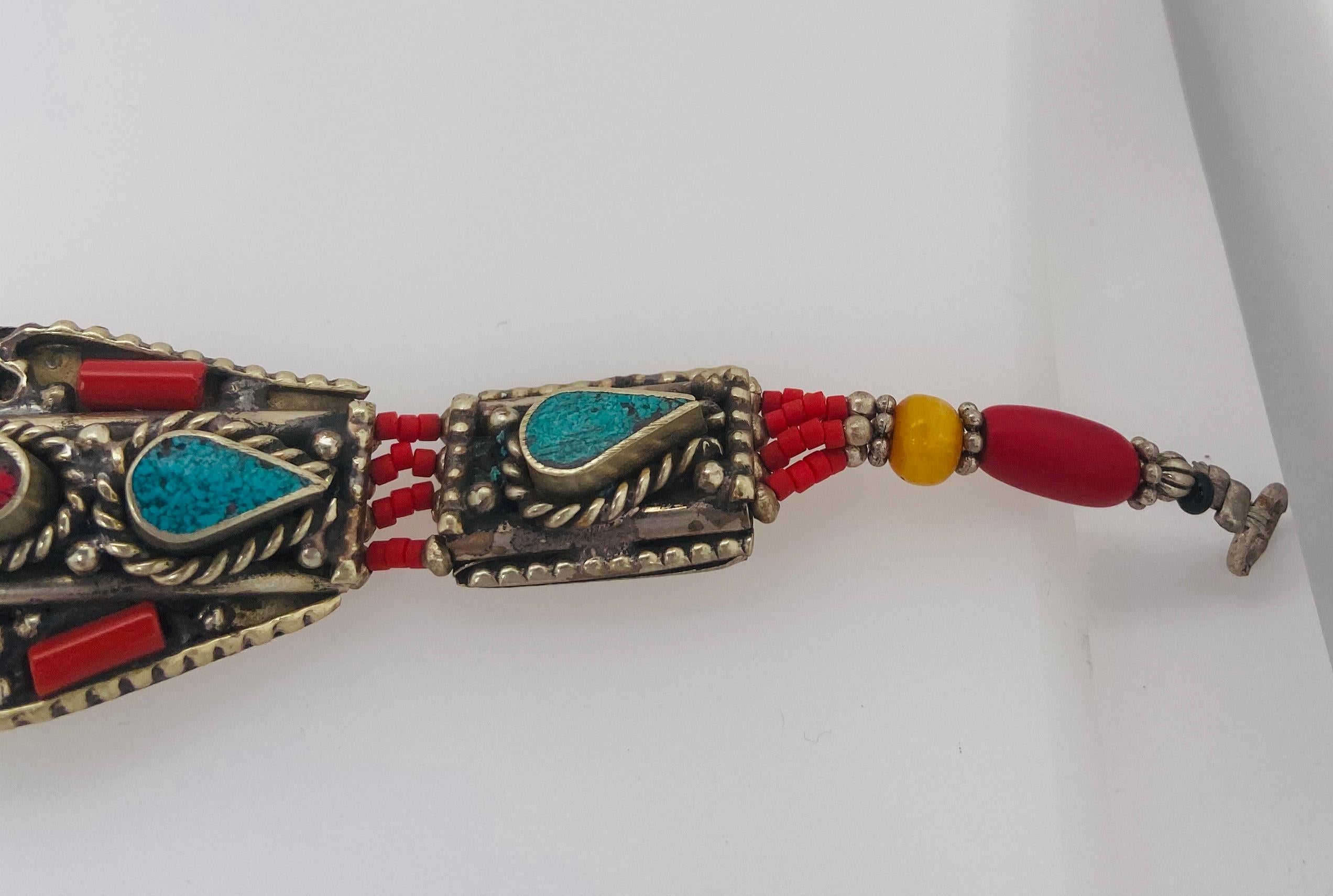 Midcentury Moroccan Tribal Silver Bracelet with Turquoise and Red Stones For Sale 3