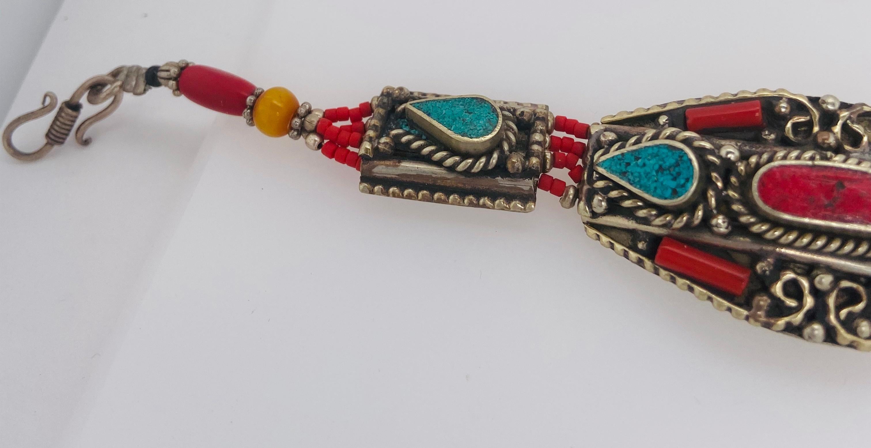 Midcentury Moroccan Tribal Silver Bracelet with Turquoise and Red Stones For Sale 4