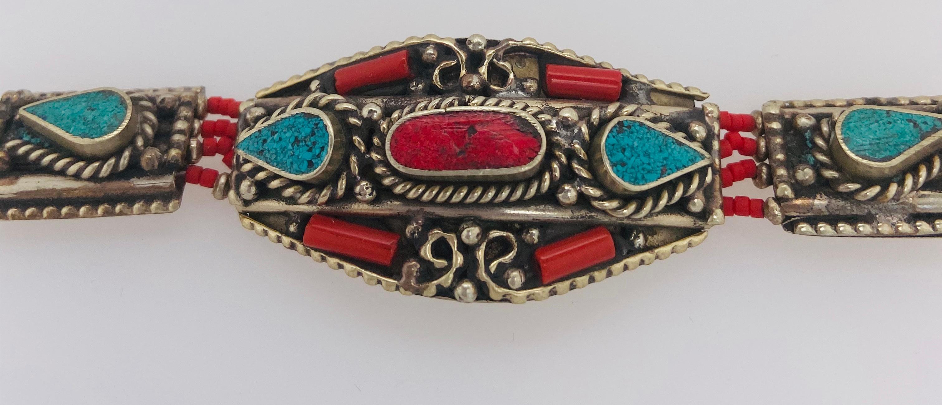 Midcentury Moroccan Tribal Silver Bracelet with Turquoise and Red Stones For Sale 5