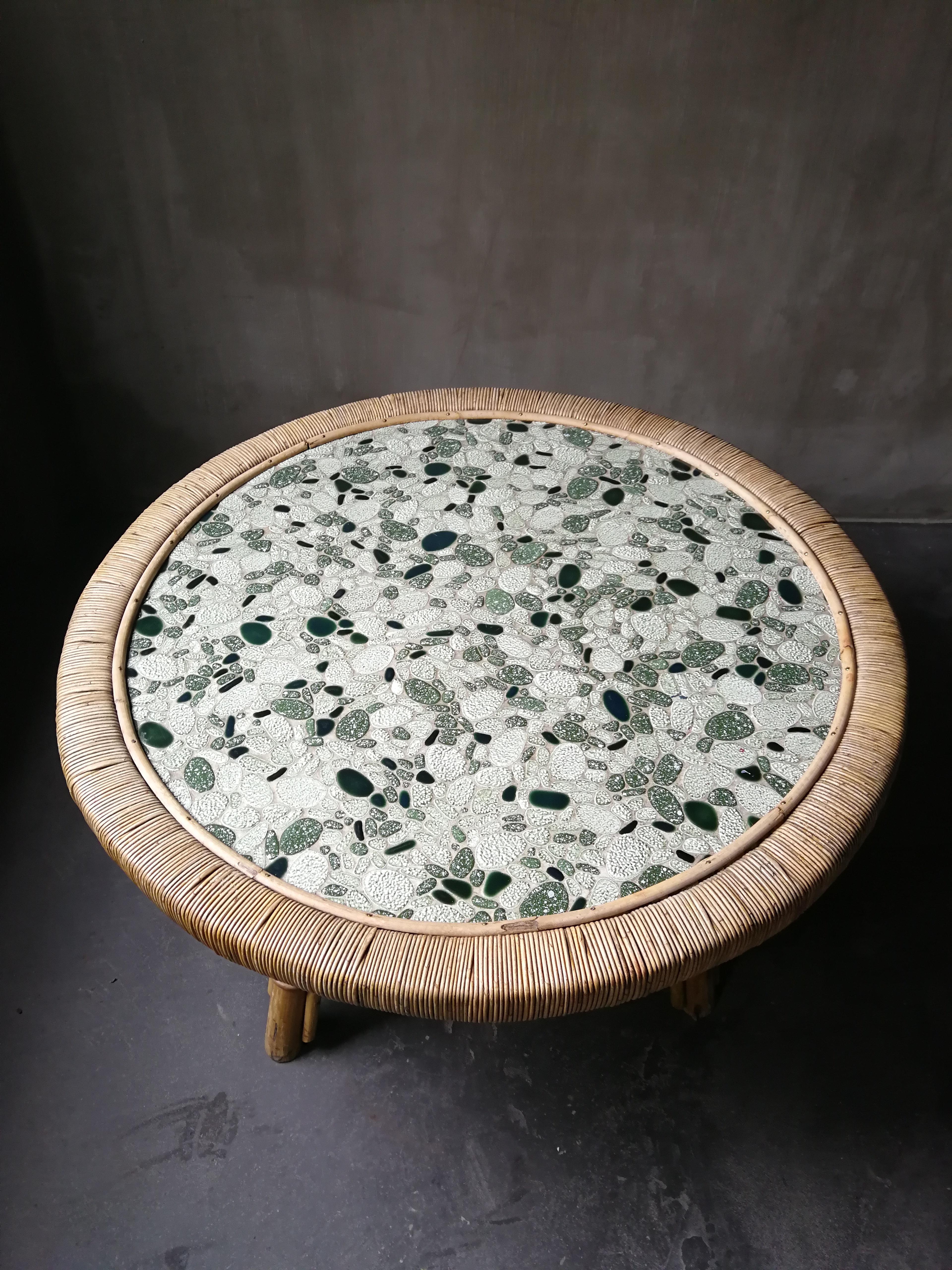 Mid-Century Modern Midcentury Mosaic and Bamboo Circular Coffee-Table