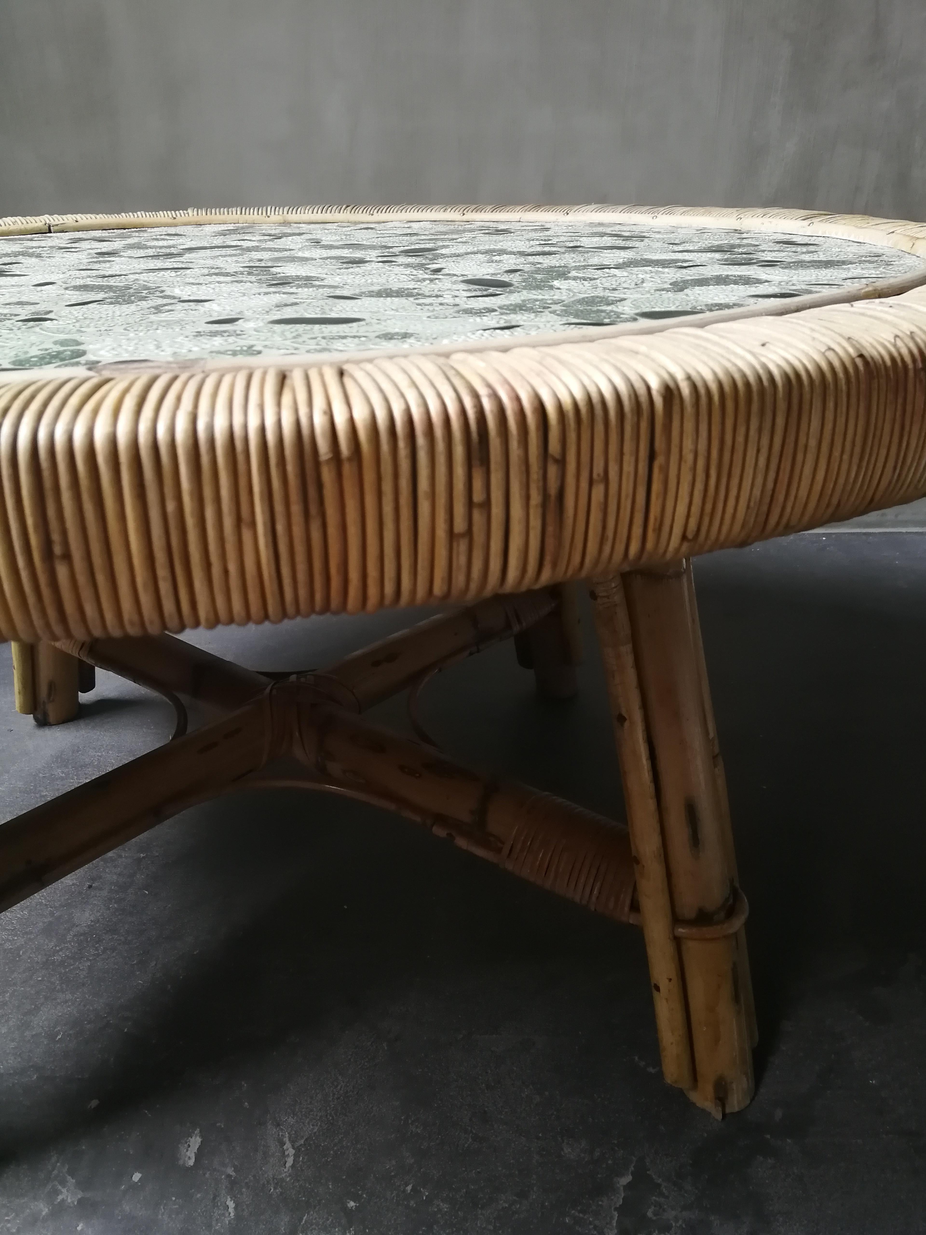 French Midcentury Mosaic and Bamboo Circular Coffee-Table