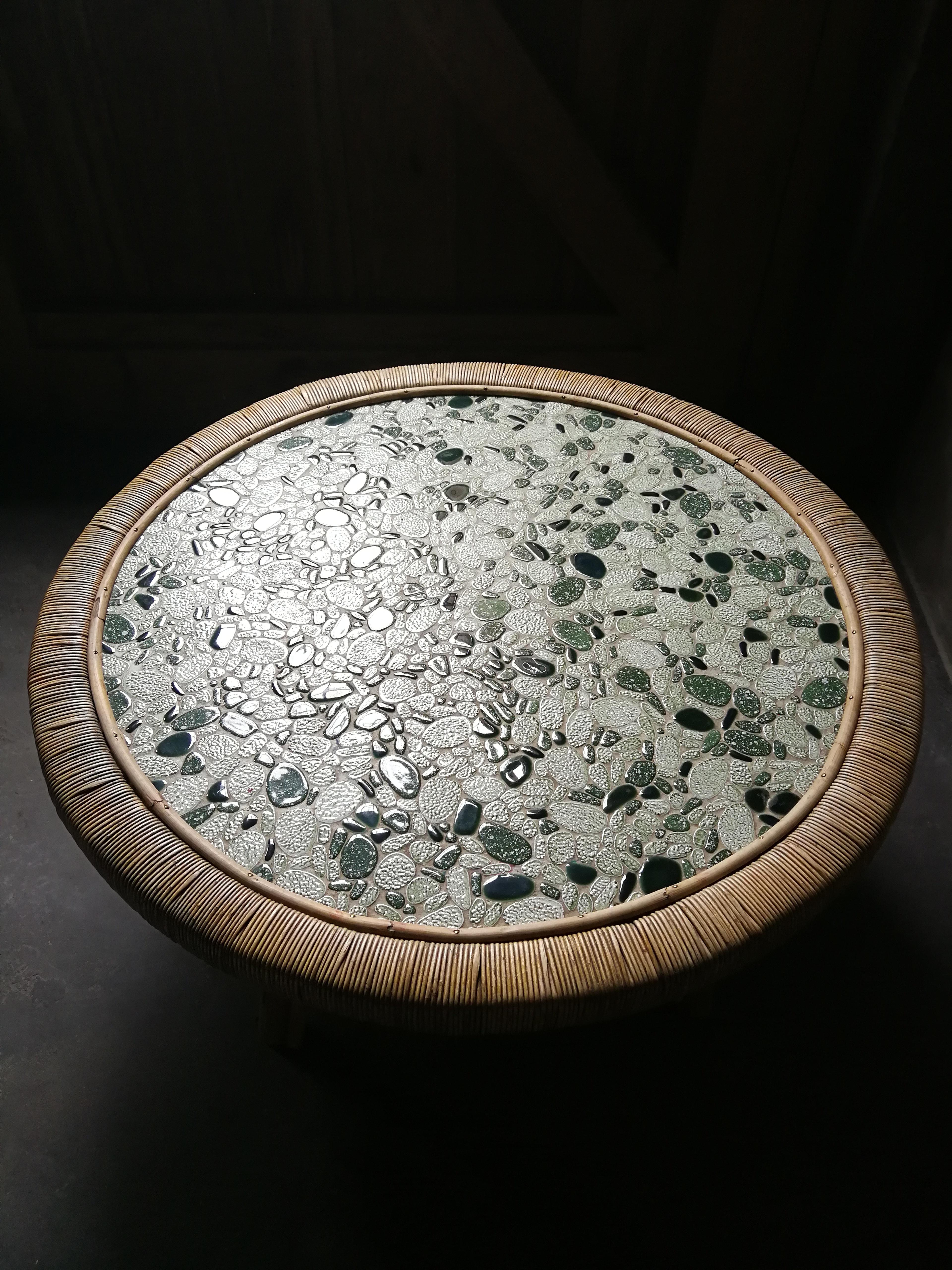 Mid-20th Century Midcentury Mosaic and Bamboo Circular Coffee-Table