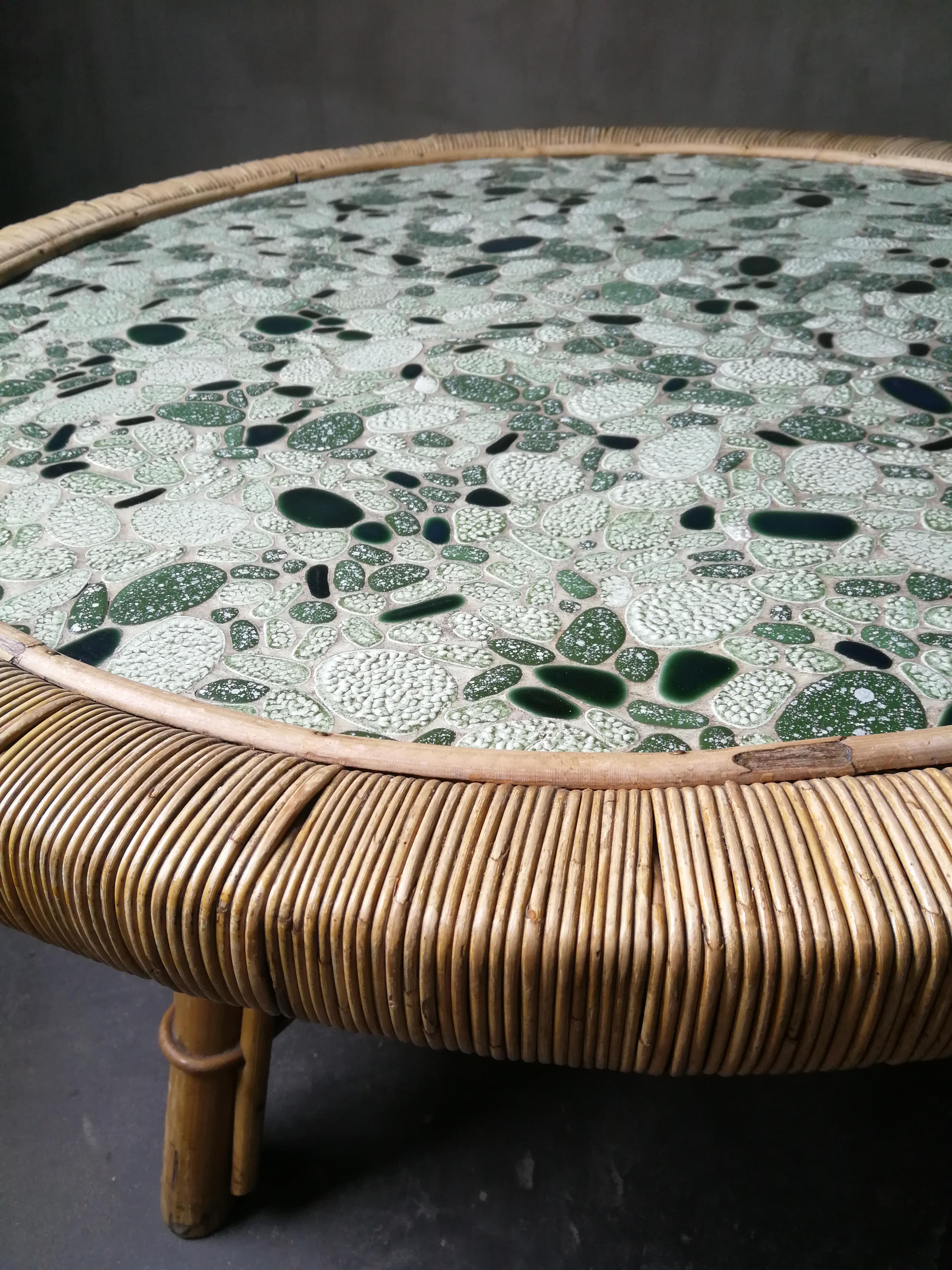 Ceramic Midcentury Mosaic and Bamboo Circular Coffee-Table