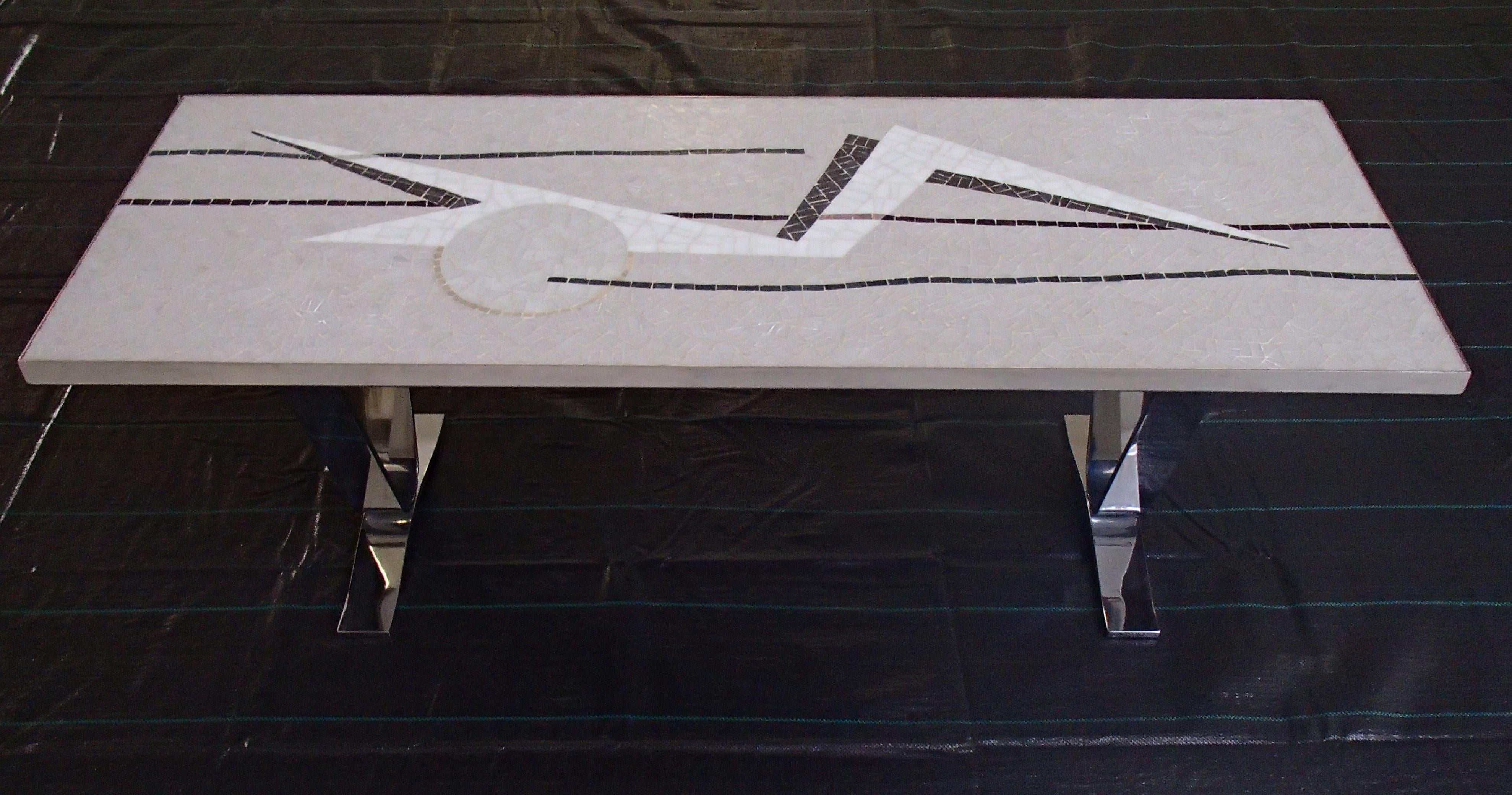 Midcentury mosaic rectangular coffee table with chrome legs.