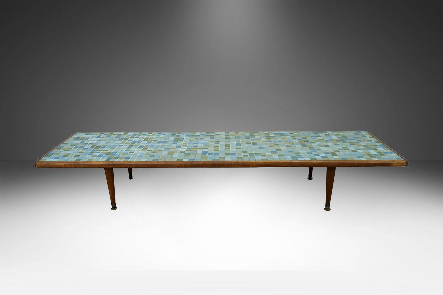 Scandinavian Modern Mid Century Mosaic Tile Top Low Coffee Table For Sale