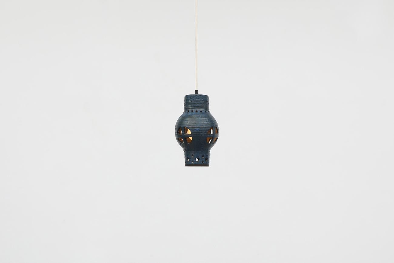 Dutch Mid-Century Hannie Mein Blue Ceramic Pendant Light with Decorative Cut-Outs For Sale