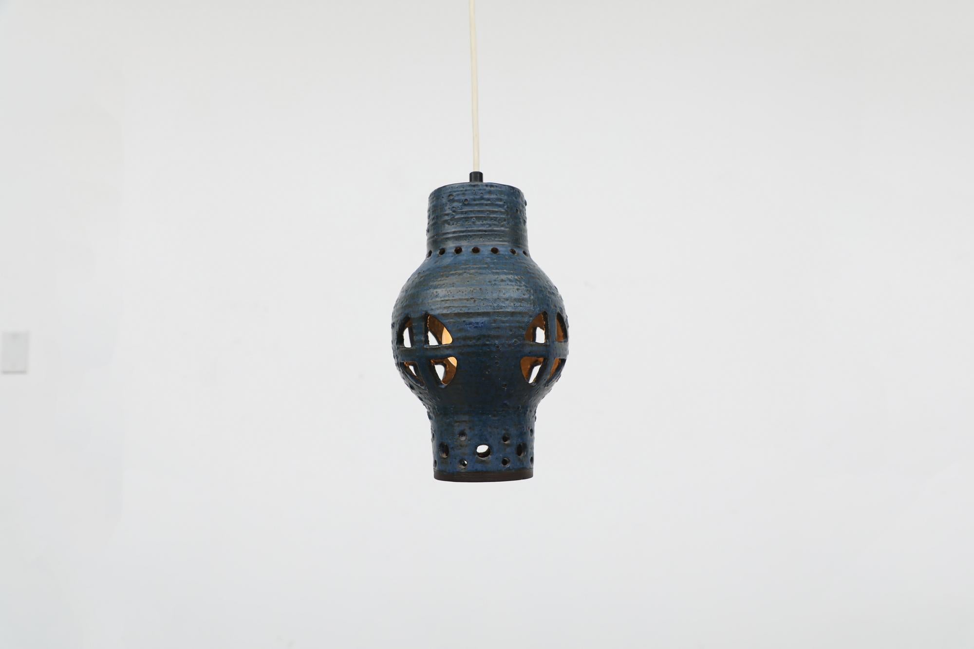 Mid-Century Blue Glazed Ceramic Pendant Lamp with Cut-Outs In Good Condition For Sale In Los Angeles, CA