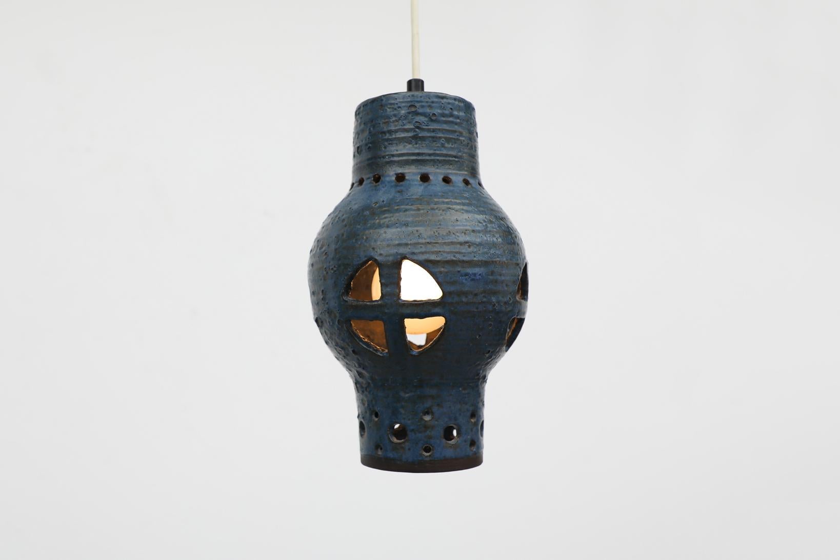 Mid-20th Century Mid-Century Blue Glazed Ceramic Pendant Lamp with Cut-Outs For Sale