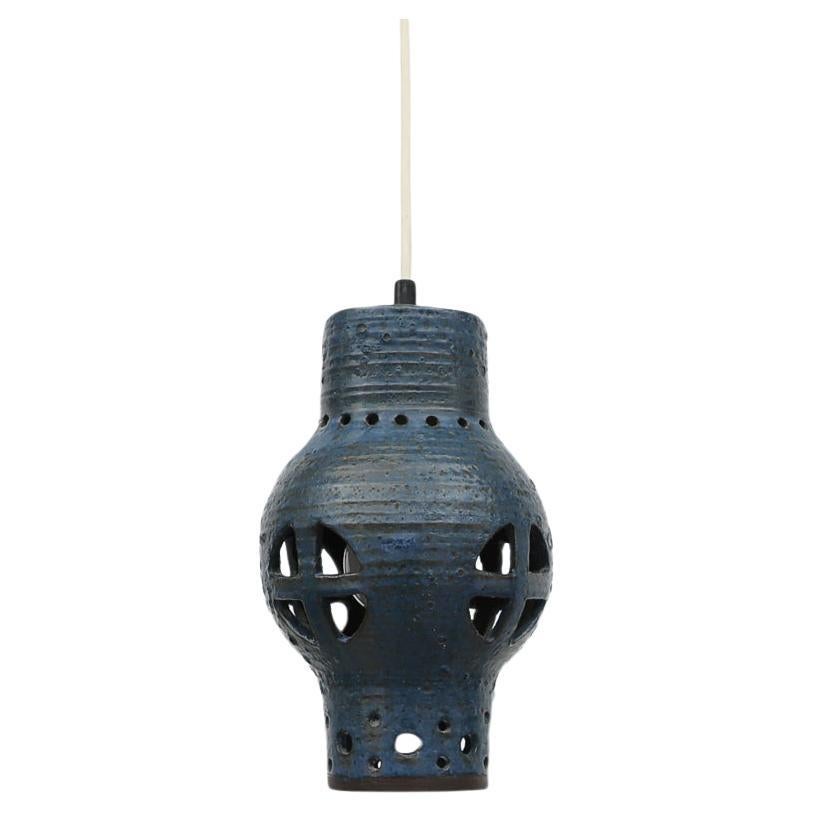 Mid-Century Blue Glazed Ceramic Pendant Lamp with Cut-Outs For Sale