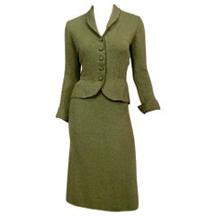 Mid-Century Mossgrüne Strickjacke und Rock Anzug