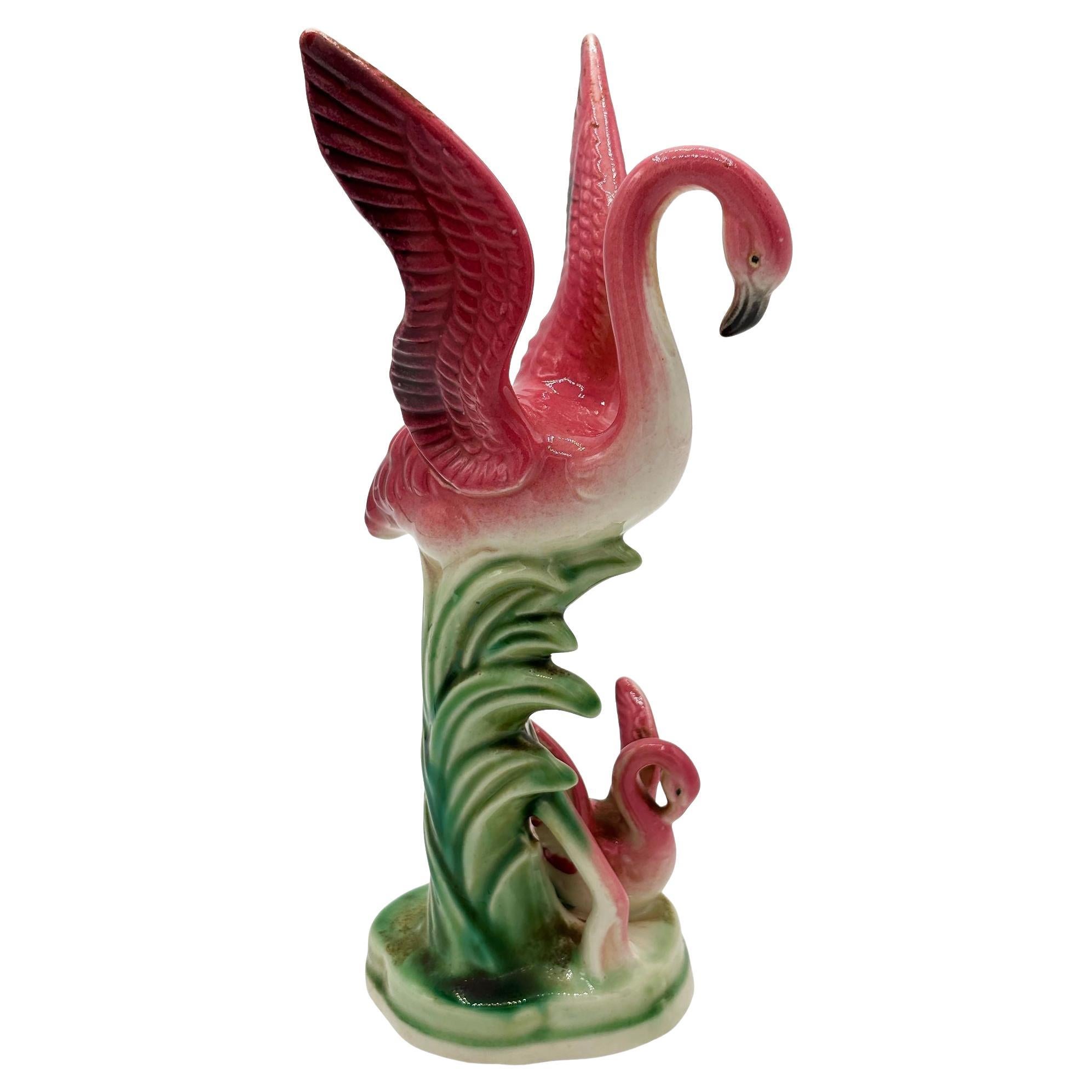 Mid-century Mother & Child Pink Flamingo Ceramic Tabletop Statue By Leftons