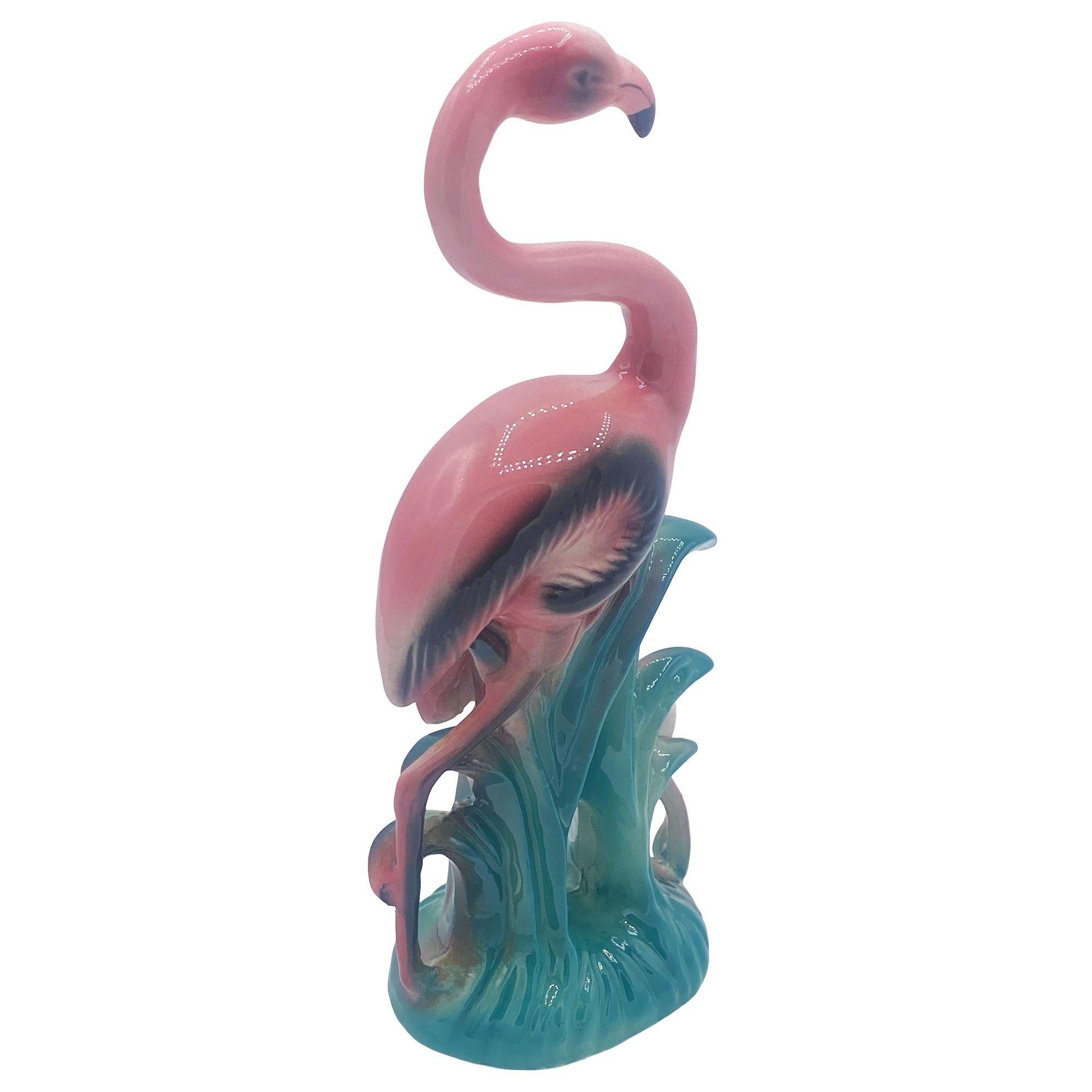 Mid-Century Modern Mid-century Mother & Daughter Pink Flamingo Ceramic Tabletop Statue By Leftons For Sale