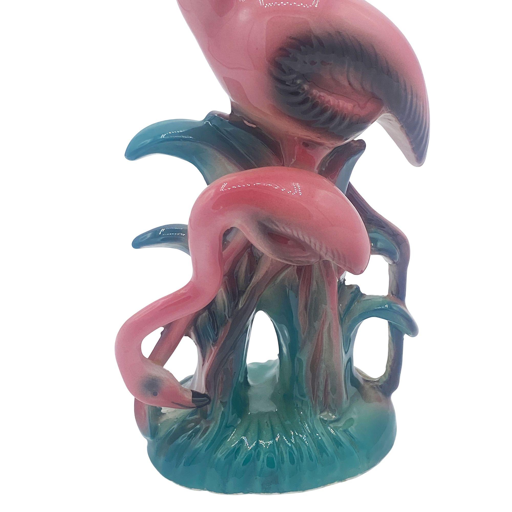 Japanese Mid-century Mother & Daughter Pink Flamingo Ceramic Tabletop Statue By Leftons For Sale