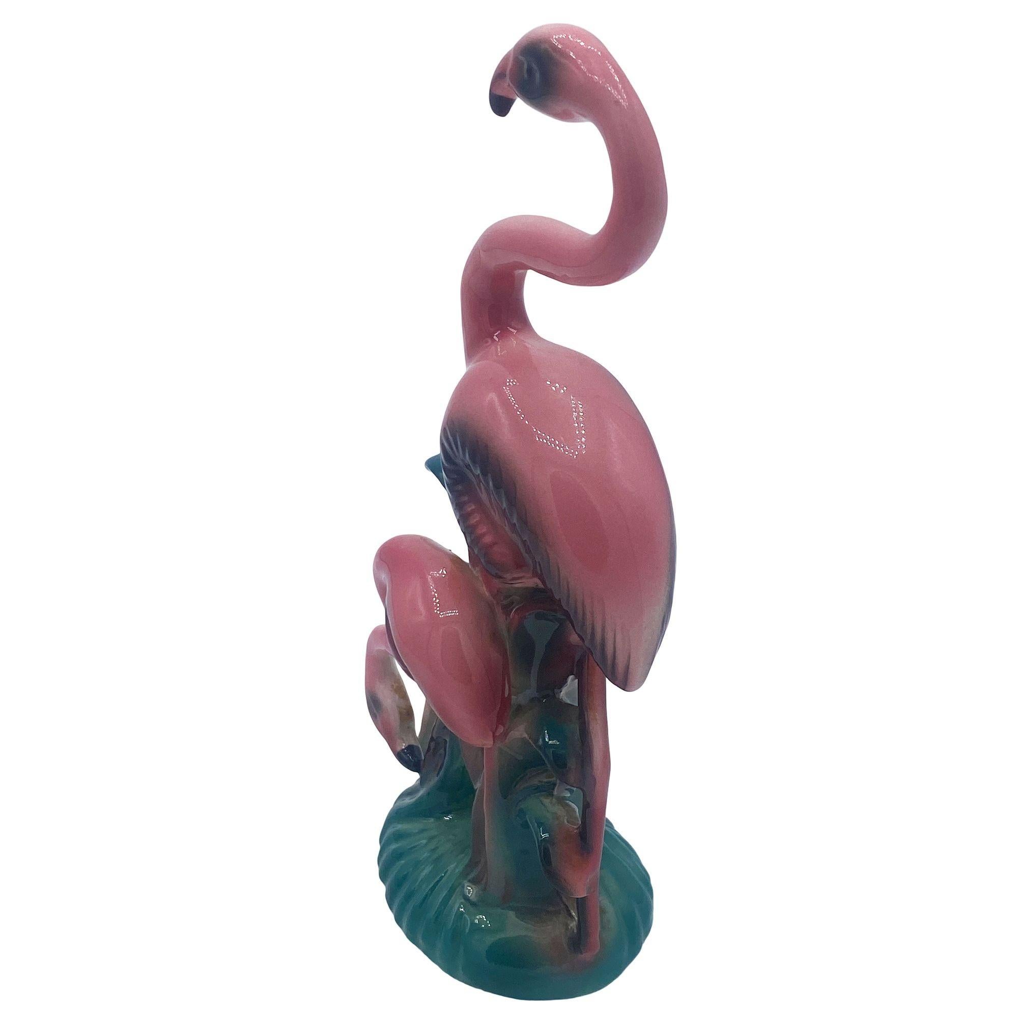 Mid-century Mother & Daughter Pink Flamingo Ceramic Tabletop Statue By Leftons In Excellent Condition For Sale In Van Nuys, CA