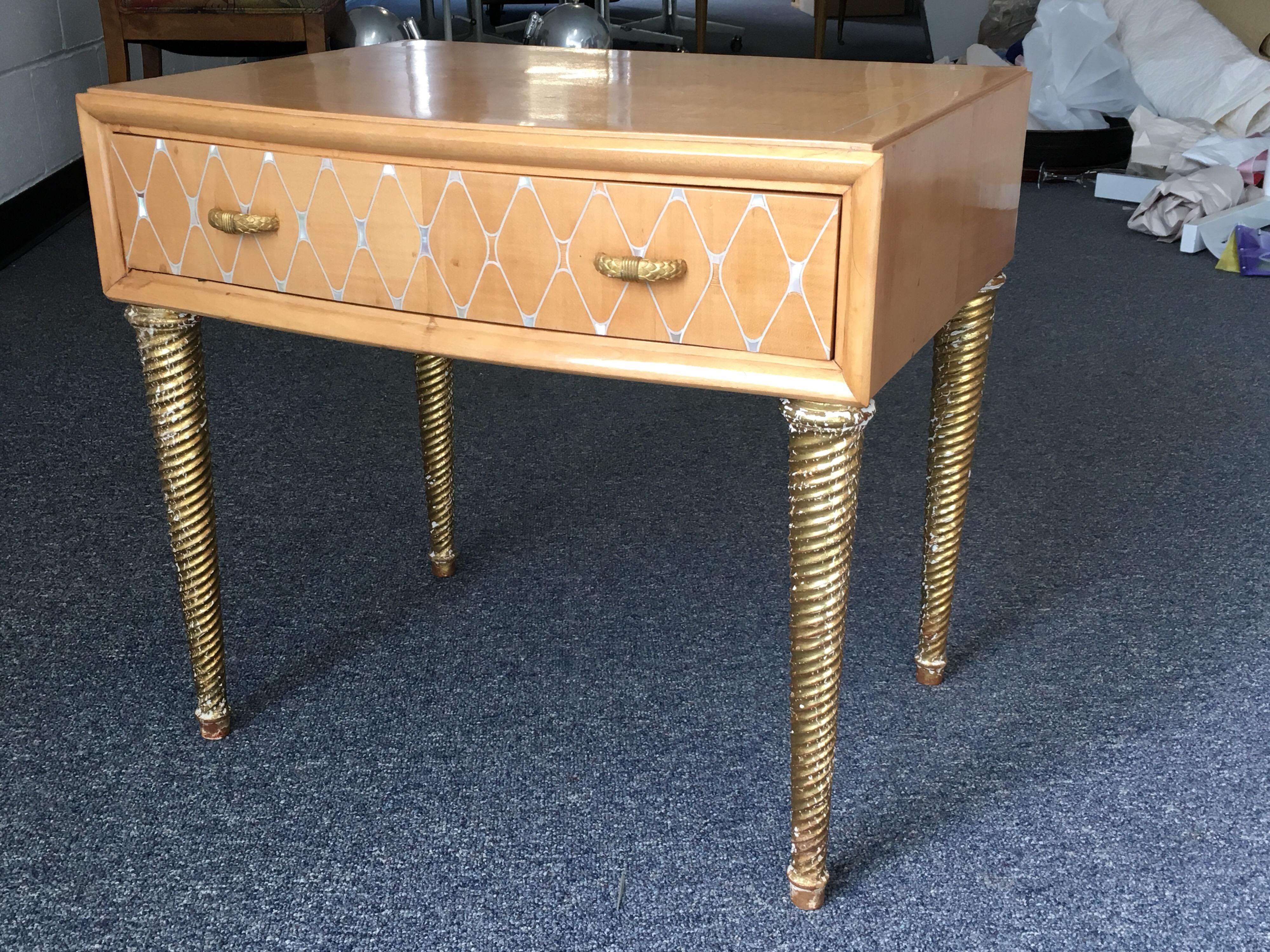 Midcentury Mother of Pearl and Gilt Bedside Table In Fair Condition For Sale In Southampton, NY