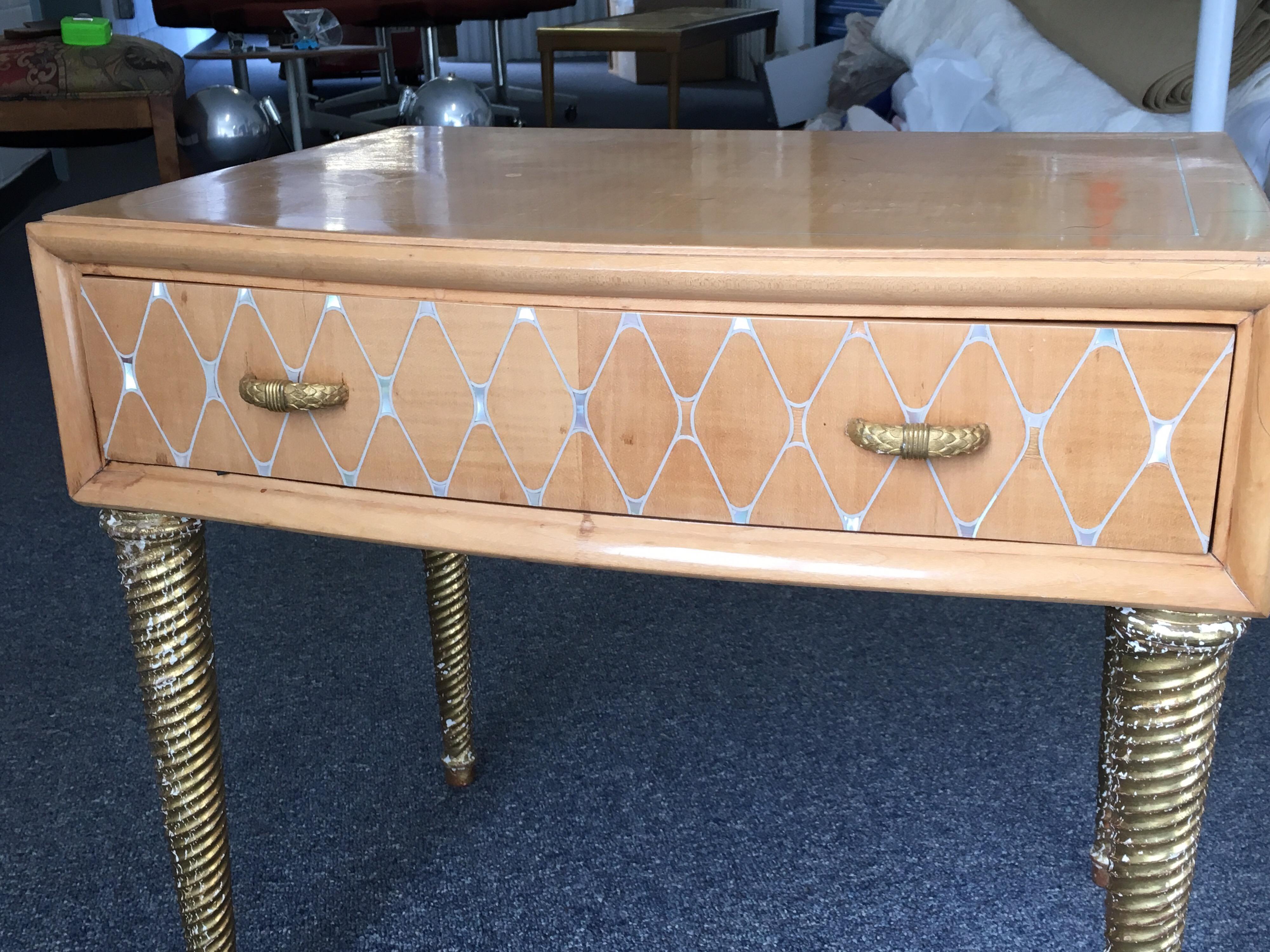 20th Century Midcentury Mother of Pearl and Gilt Bedside Table For Sale