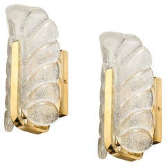 Mid-Century Mottled Glass & Brass Leaf Sconces by Carl Fagerlund for Orrefors
