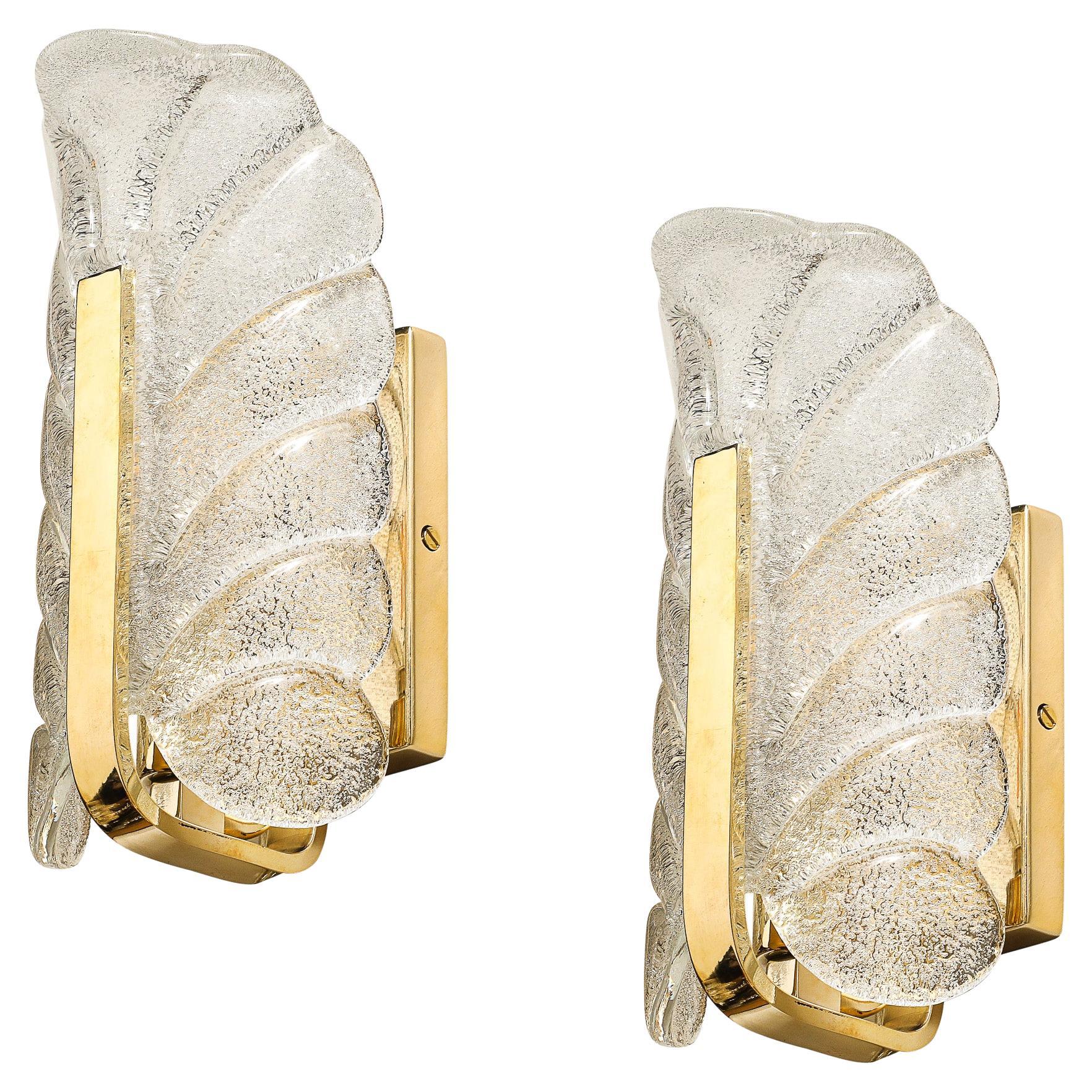 Mid-Century Mottled Glass 
Brass Leaf Sconces by Carl Fagerlund for Orrefors For Sale
