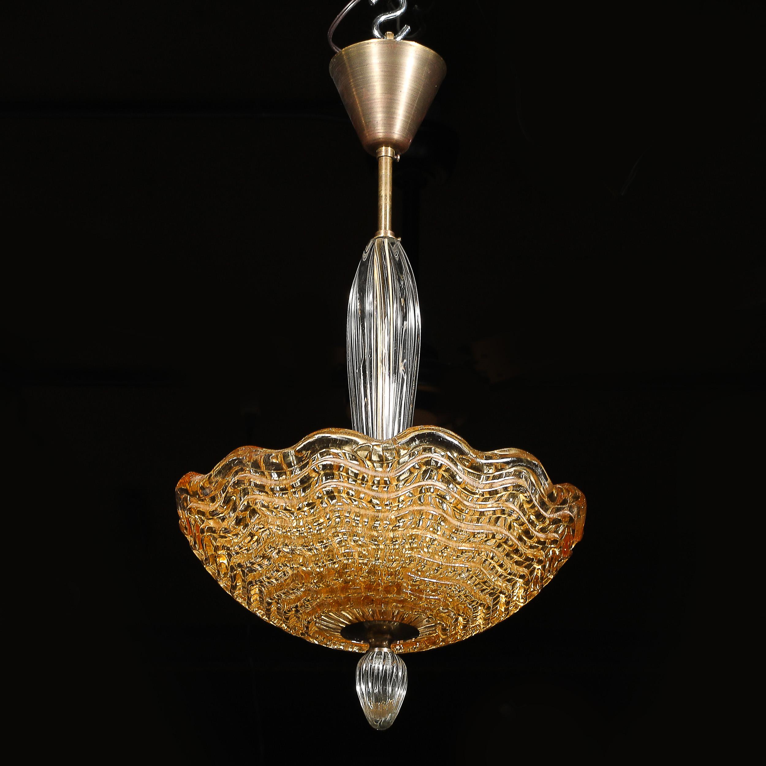 Mid-Century Mottled Glass Chandelier W/ Glass Drop & Bronze Fittings by Orrefors For Sale 4
